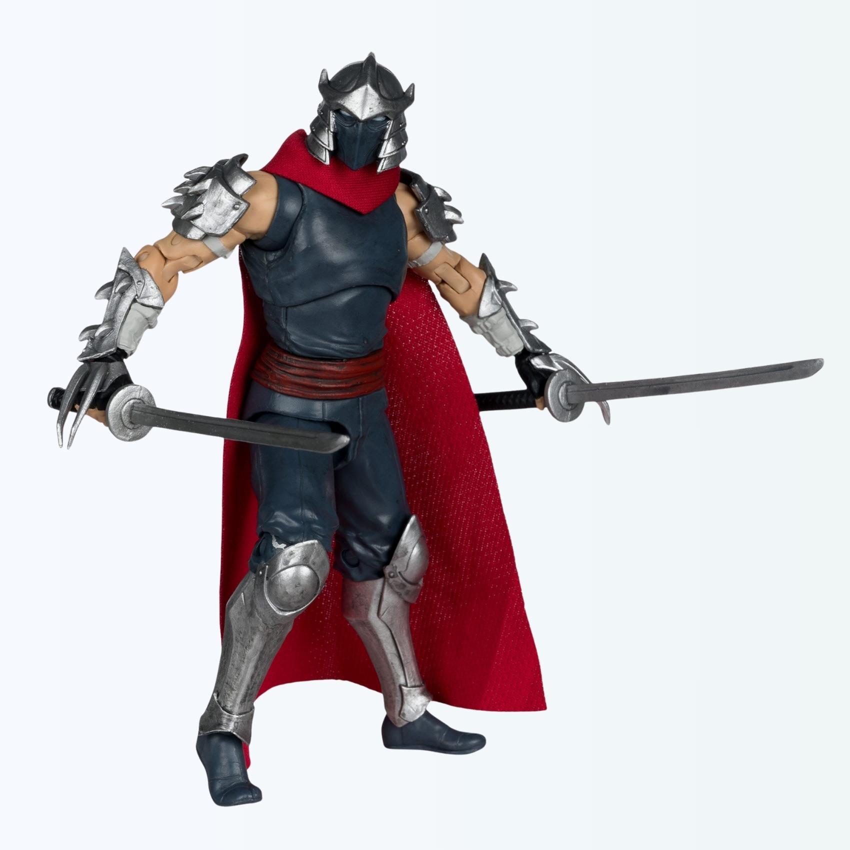 Action pose shot of Shredder action figure holding twin katanas