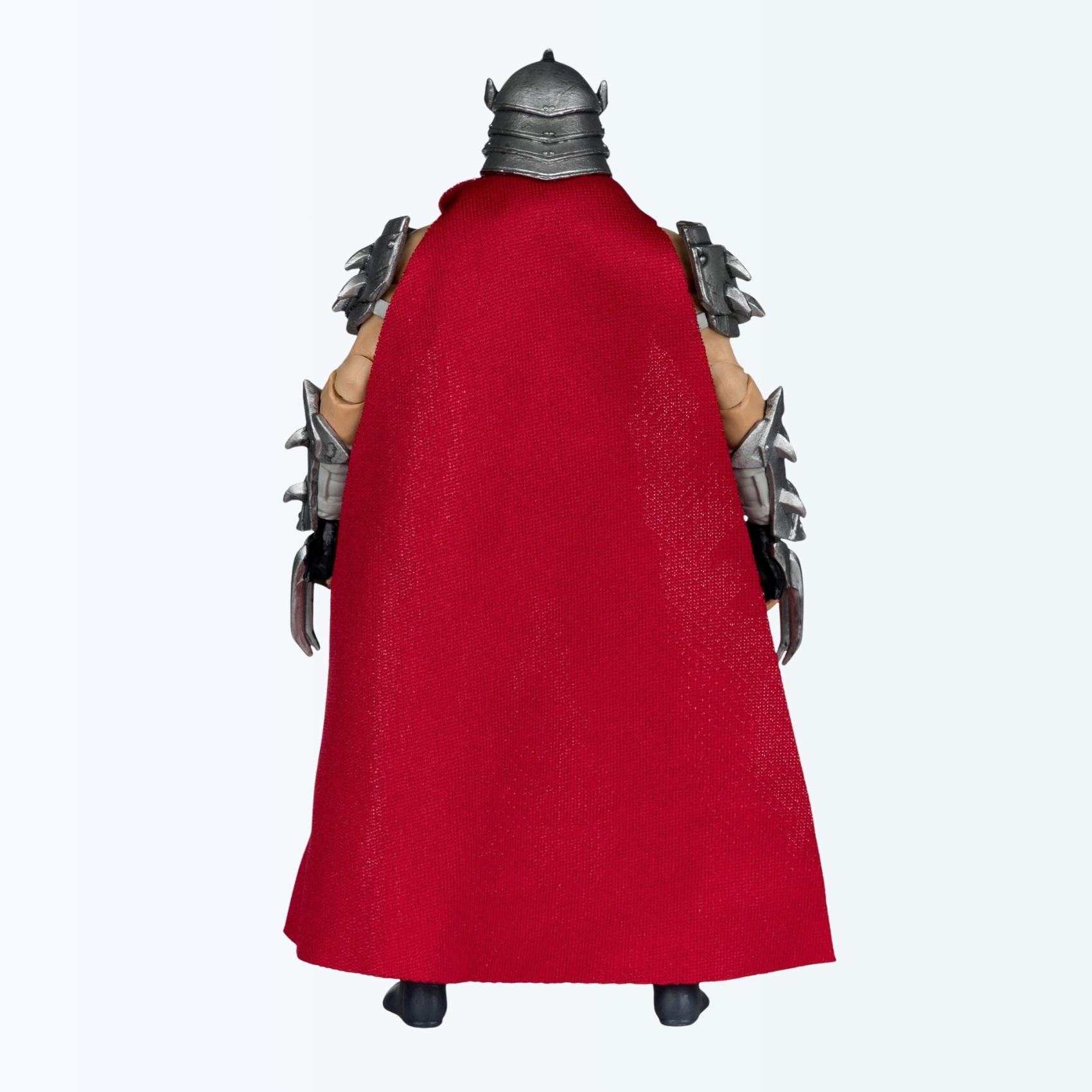 Rear shot of Shredder action figure showing full red fabric cape