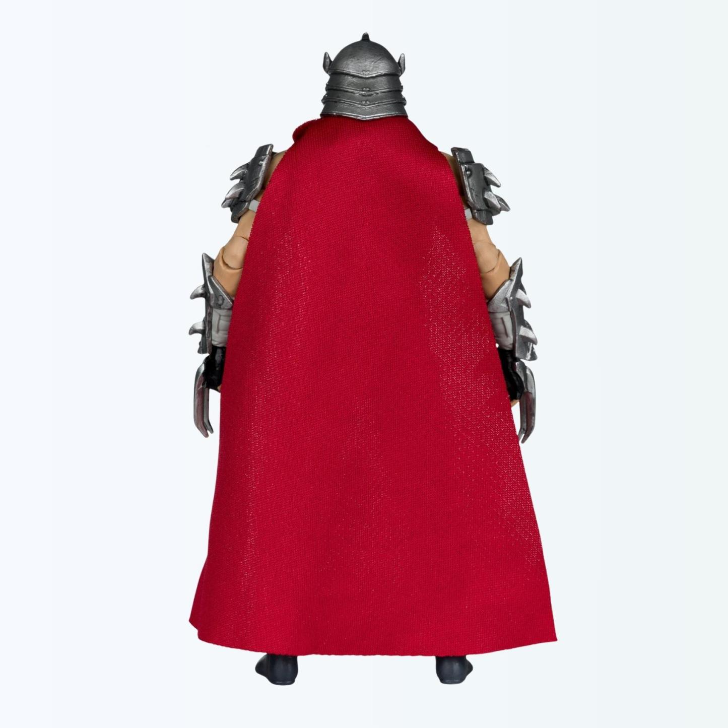 Rear shot of Shredder action figure showing full red fabric cape