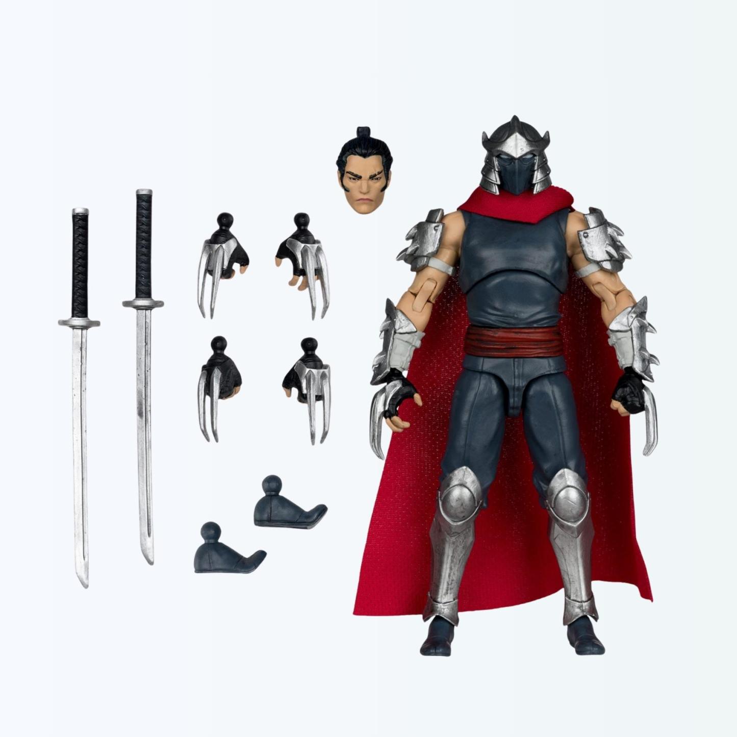 Shredder action figure with all accessories on display including twin katanas, alternate hands, feet, and unmasked head