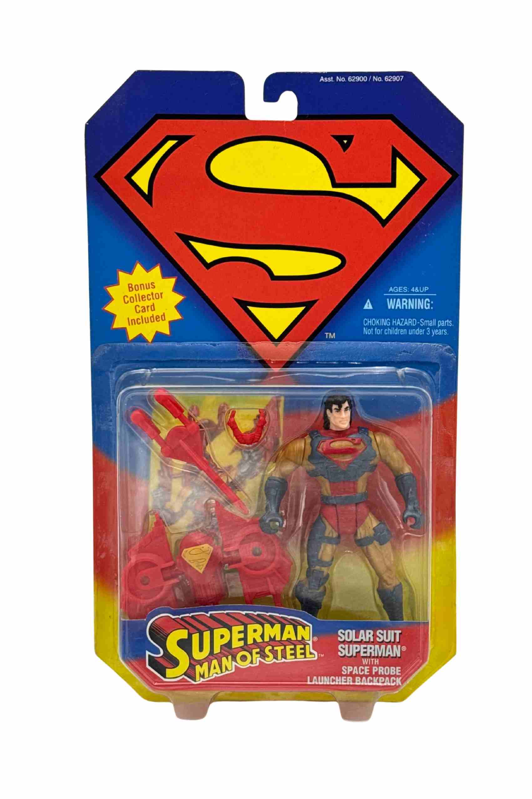 Front carded shot of Solar Suit Superman action figure with space probe launcher backpack in blister packaging