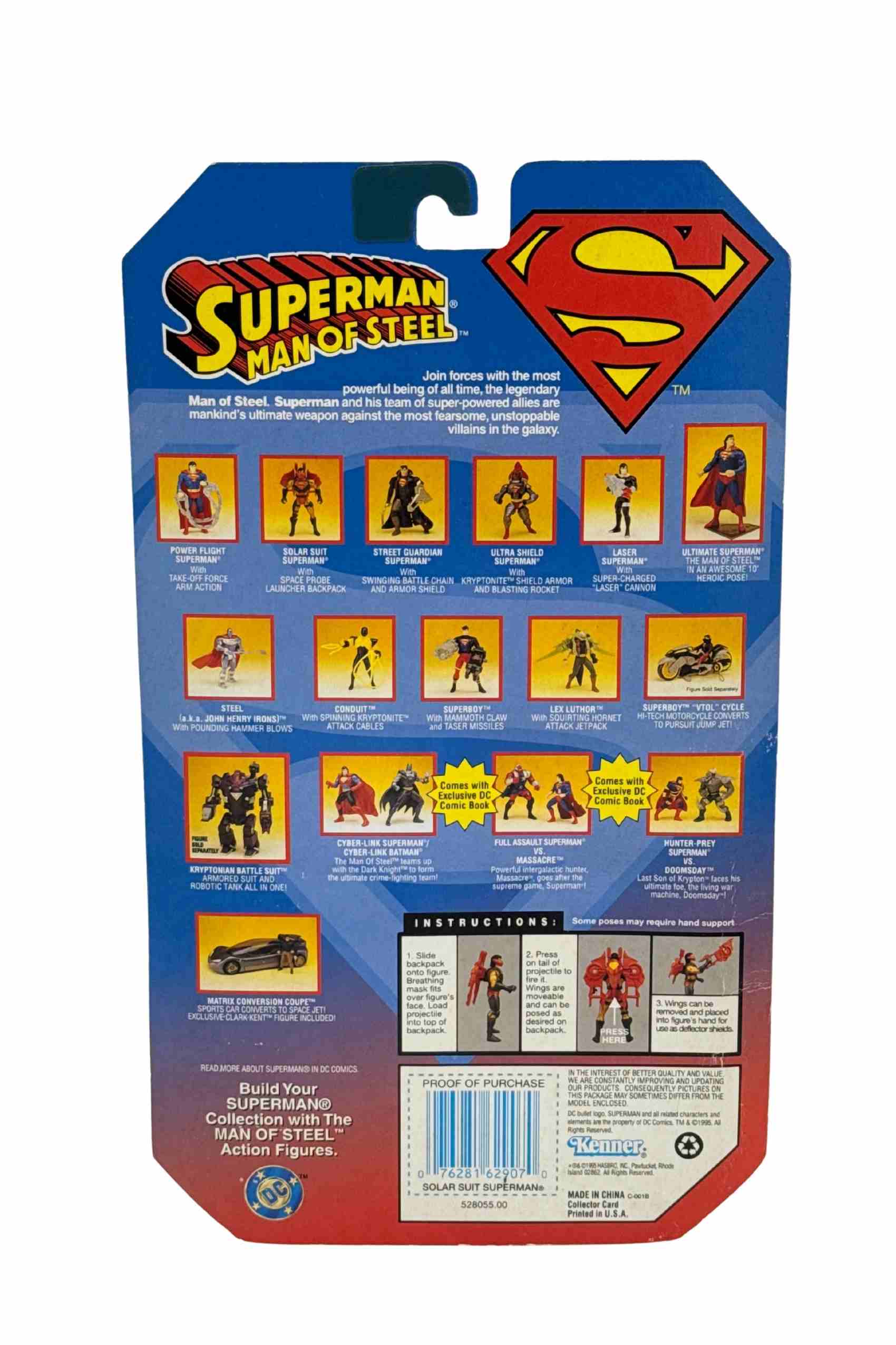 Rear packaging shot of Solar Suit Superman action figure showing Superman Man of Steel lineup including Street Guardian Superman, Steel, Superboy and Lex Luthor