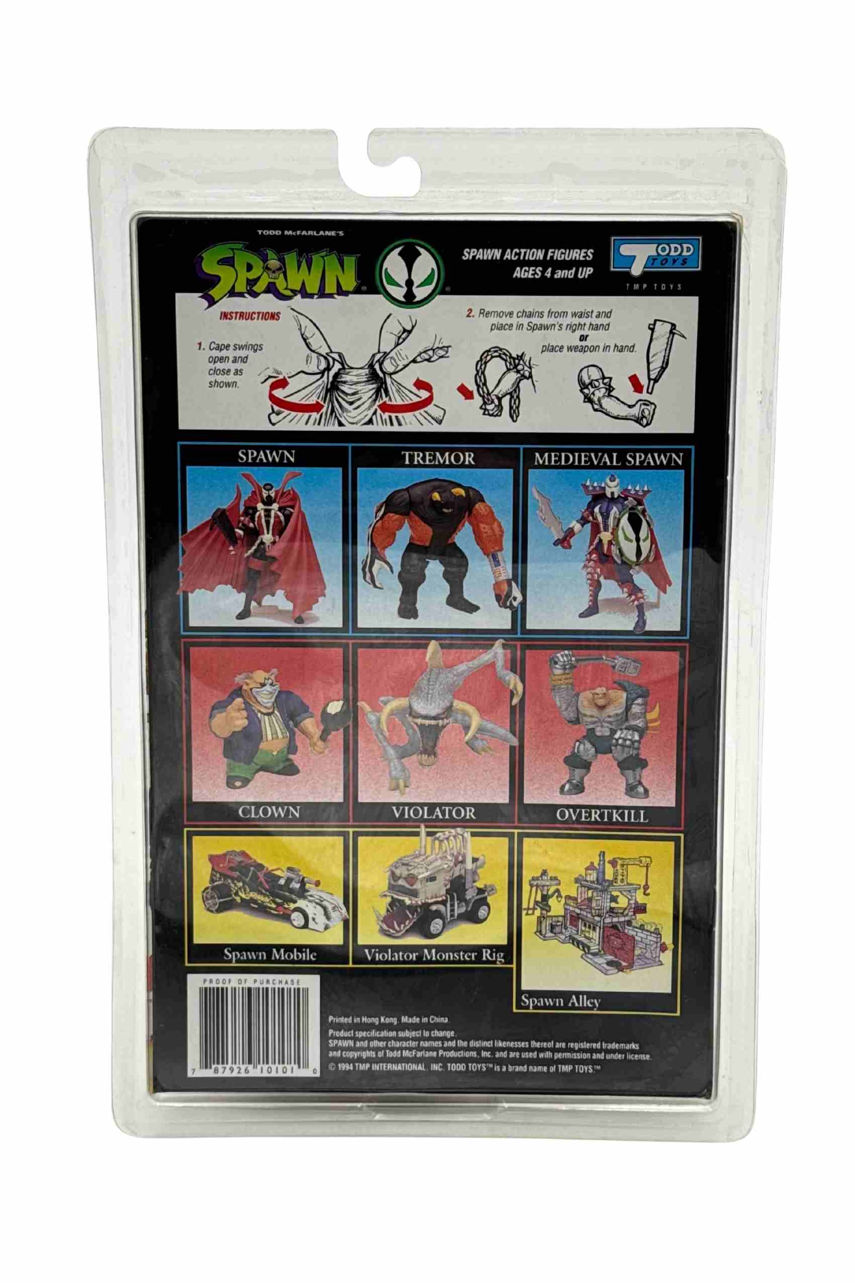 Rear packaging shot of Spawn Flying Cape action figure showing Spawn Series lineup including Tremor, Medieval Spawn, Clown and Violator