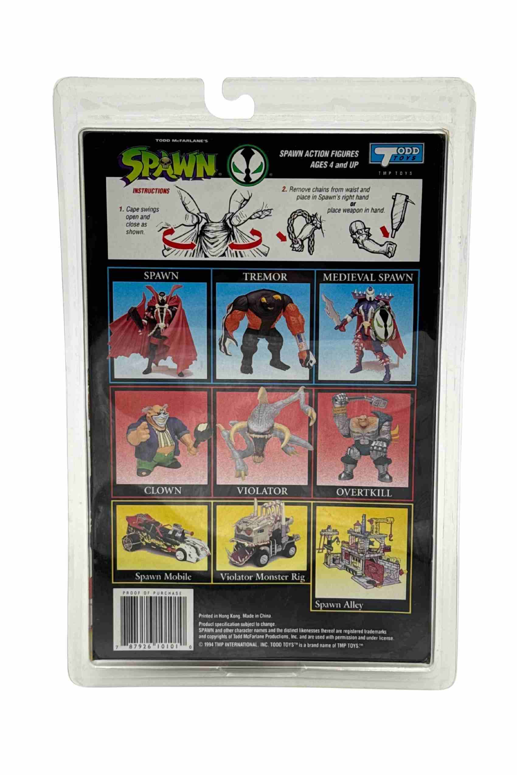 Rear packaging shot of Spawn Flying Cape action figure showing Spawn Series lineup including Tremor, Medieval Spawn, Clown and Violator