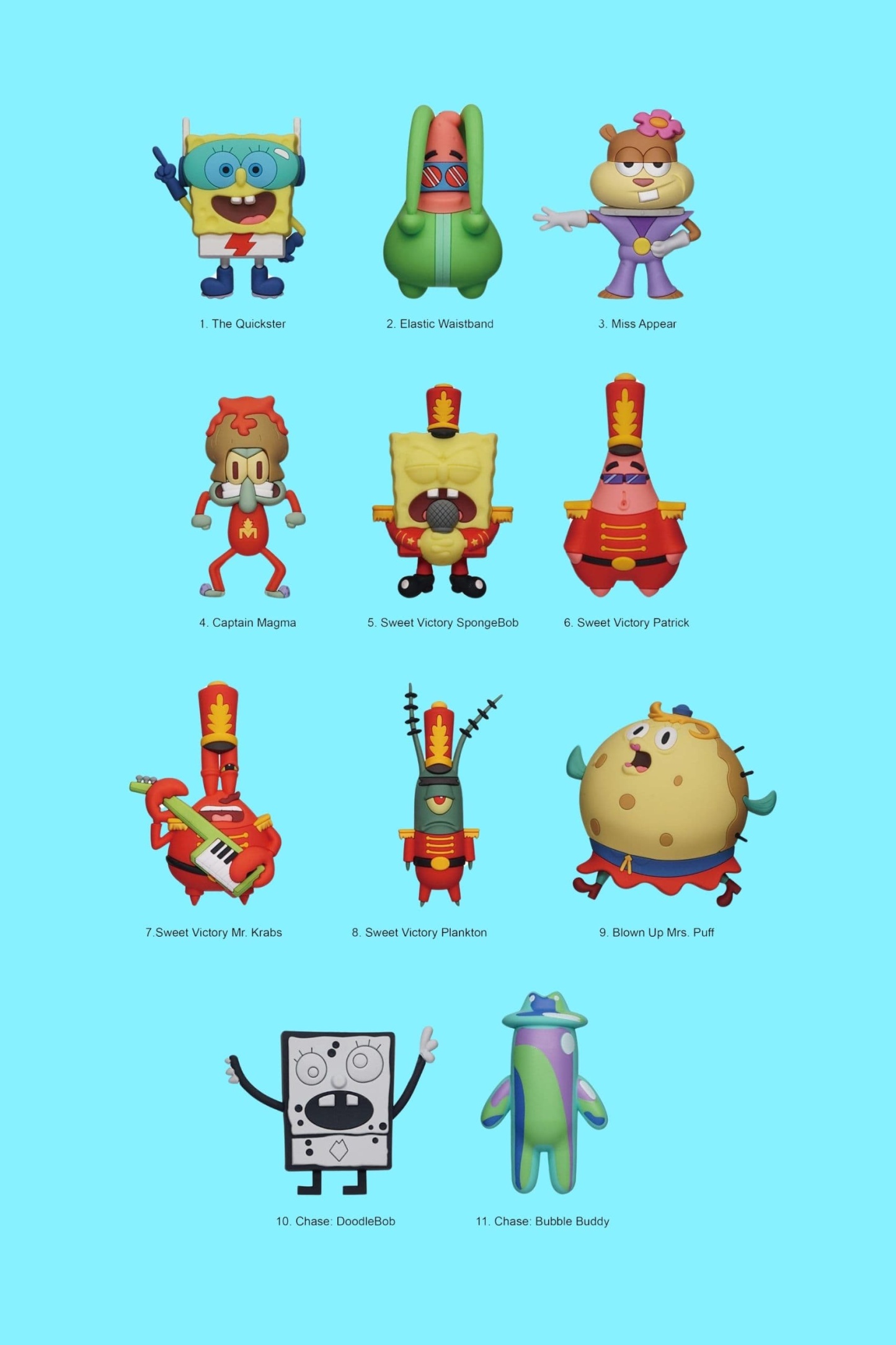 Lineup shot of SpongeBob SquarePants Series 6 3D bag clip figures showing assorted character designs