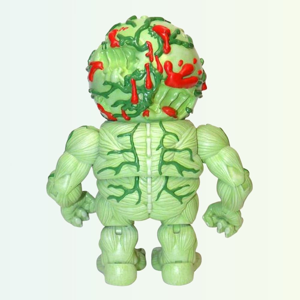 Back view of Oculus Orbus action figure with green veins and red blood leaking on the rear of head