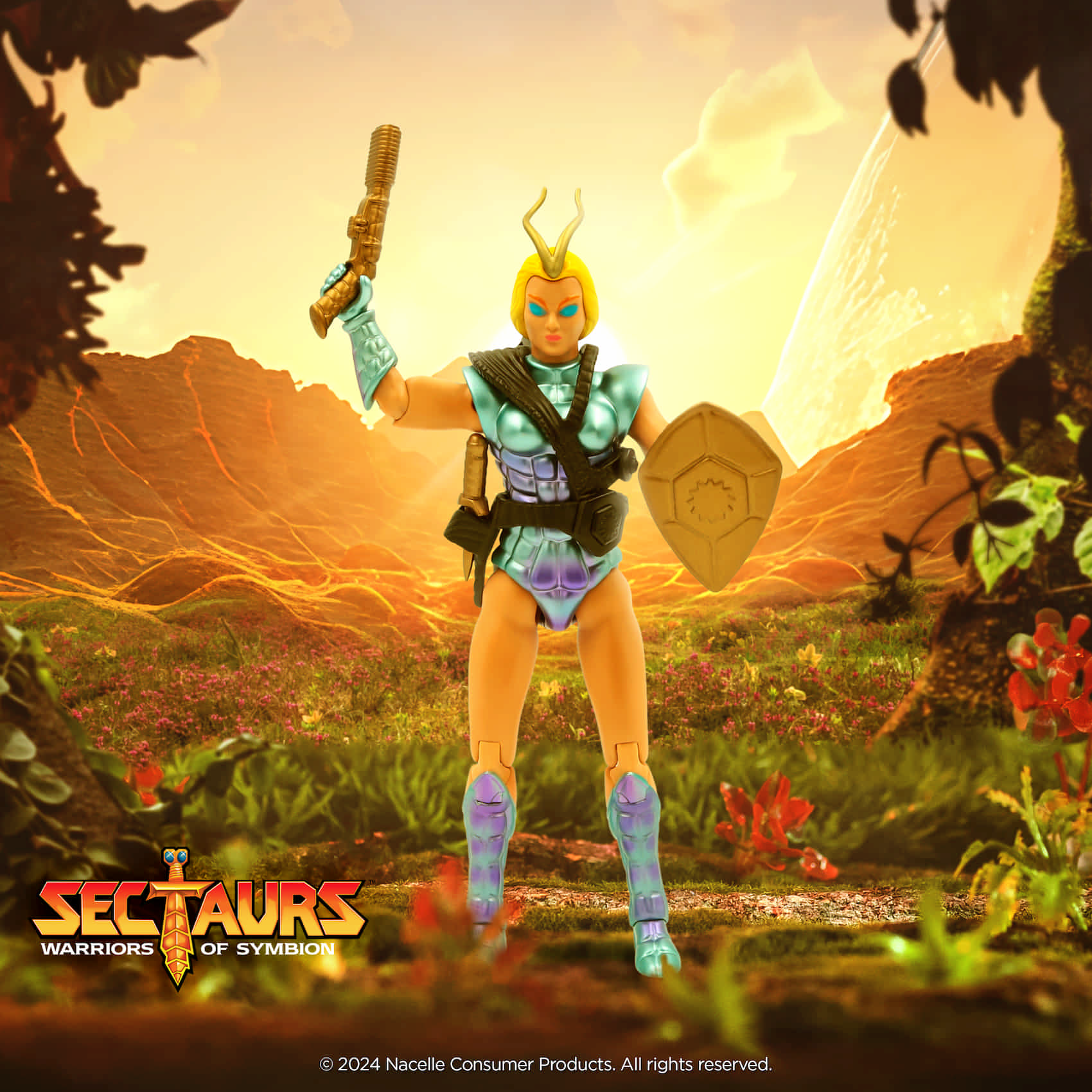 Nacelle Sectaurs Wave 1 Stellara 7-inch action figure displayed against a scenic backdrop of the planet Symbion