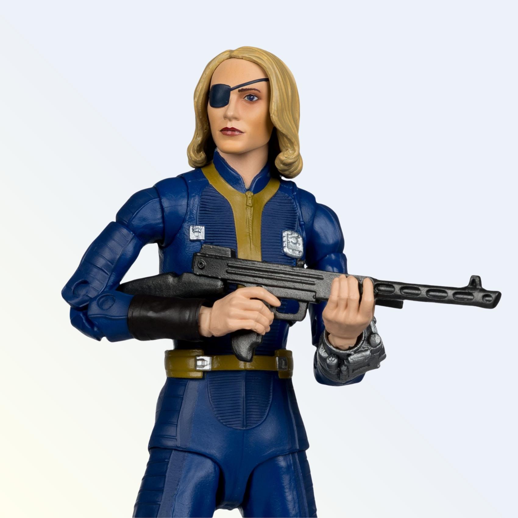 Close-up shot of Fallout's Steph Harper action figure holding a rifle