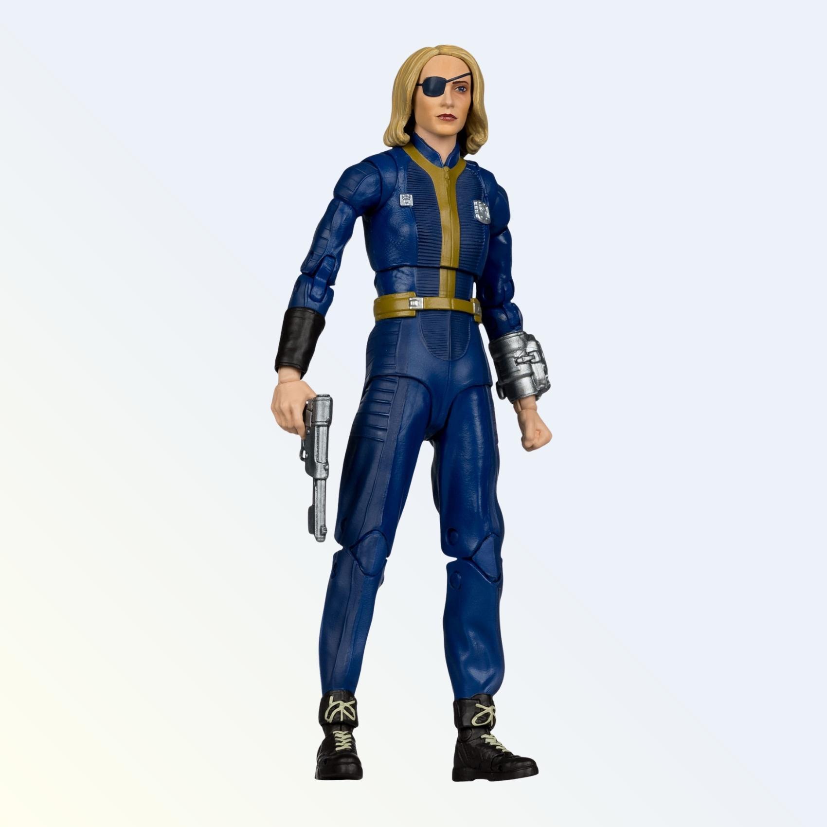 Angled front pose shot of Steph Harper action figure with Pip-Boy and silver pistol