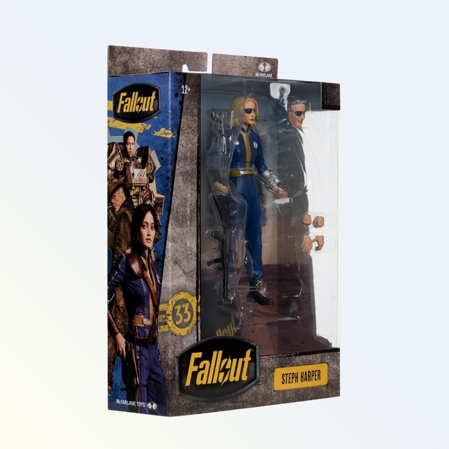 Side window-box packaging shot of Steph Harper action figure with included accessories and weapons