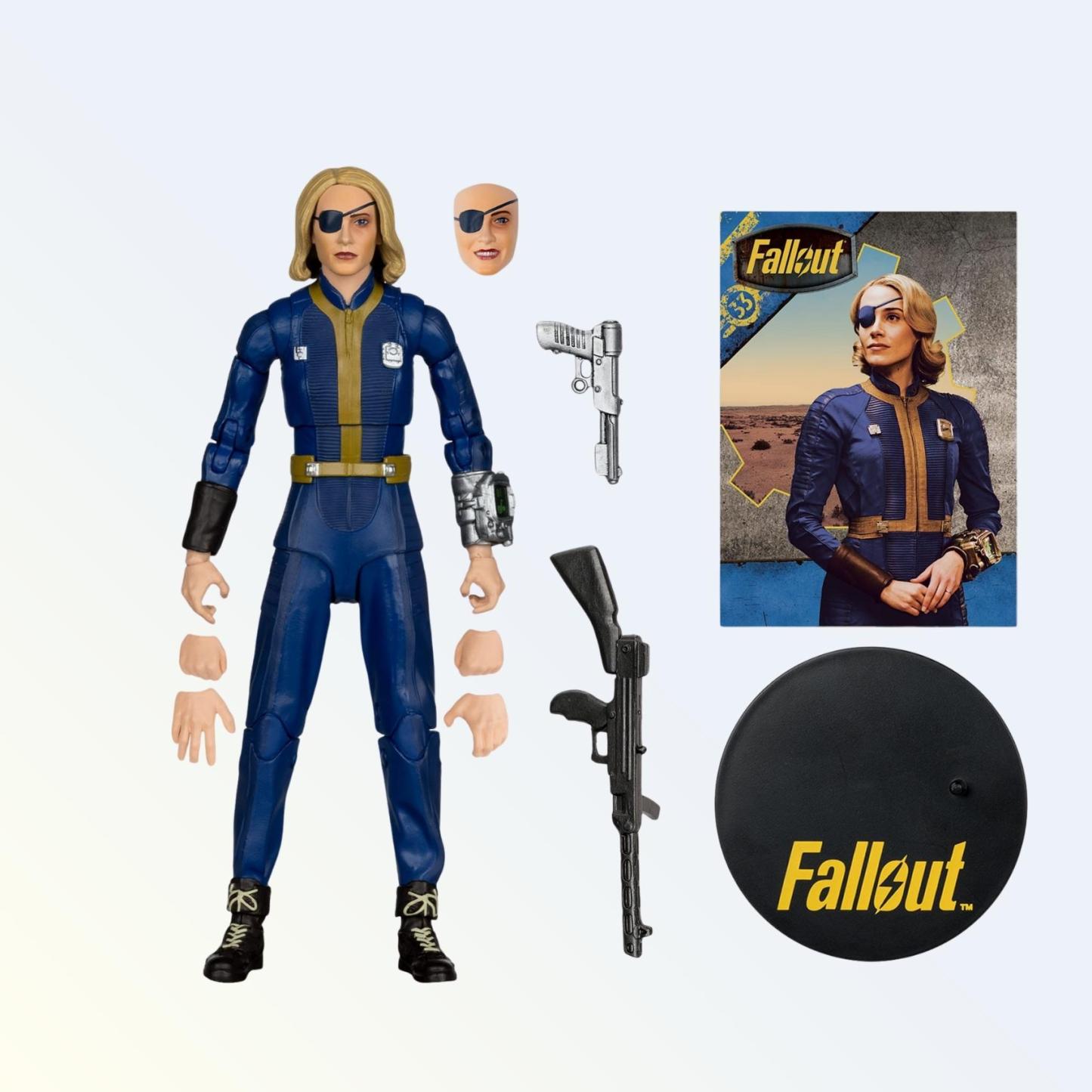 Accessories shot of Steph Harper action figure with extra hands, alternate head, pistol, rifle, display base and character card