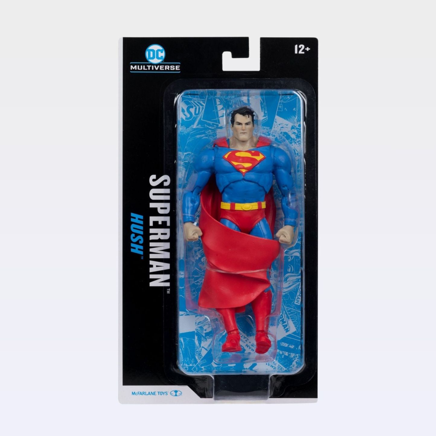 Blister-card packaged Superman Hush action figure with blue comic-style backing card