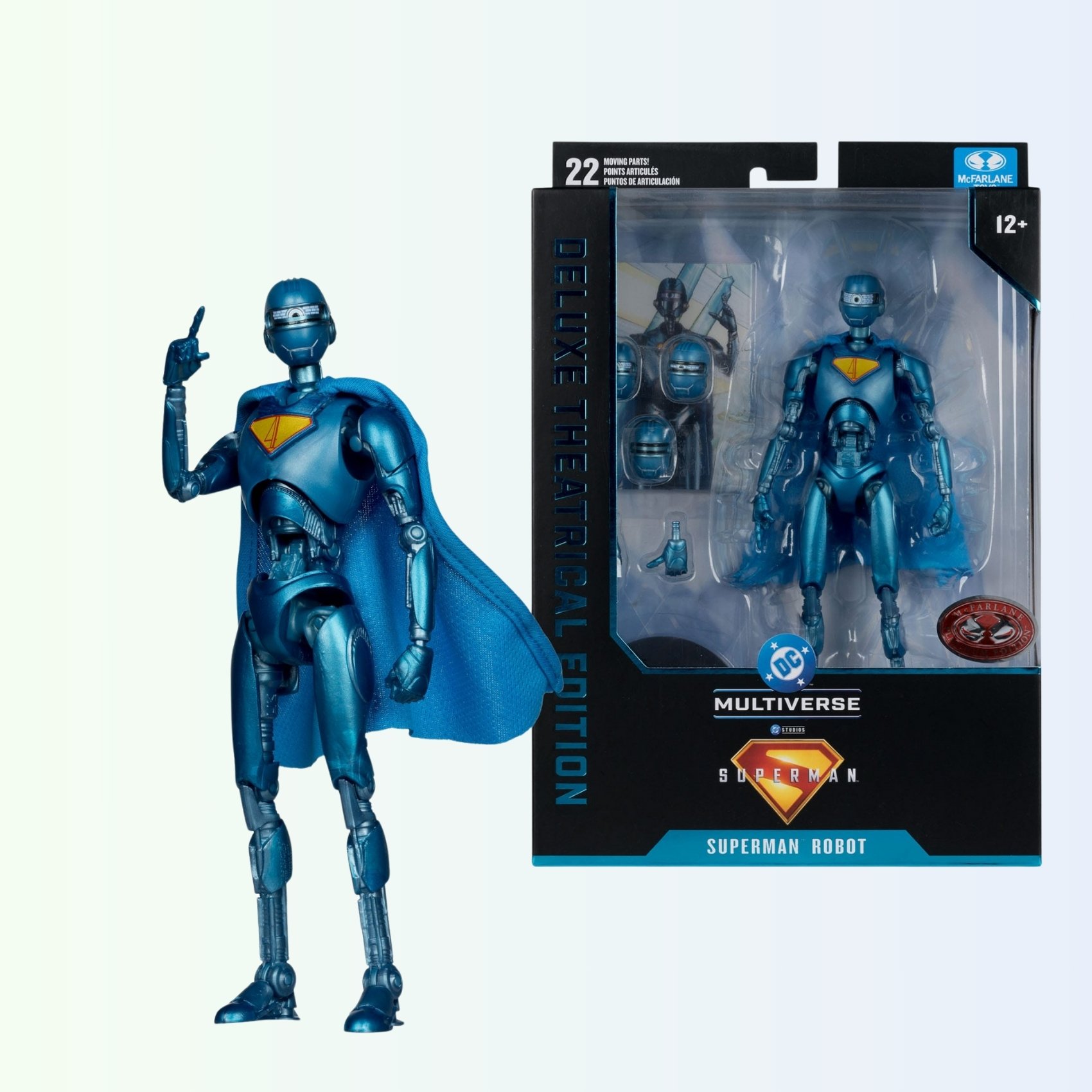 Front-facing pose of Superman Robot action figure with wired cape, alongside deluxe box packaging