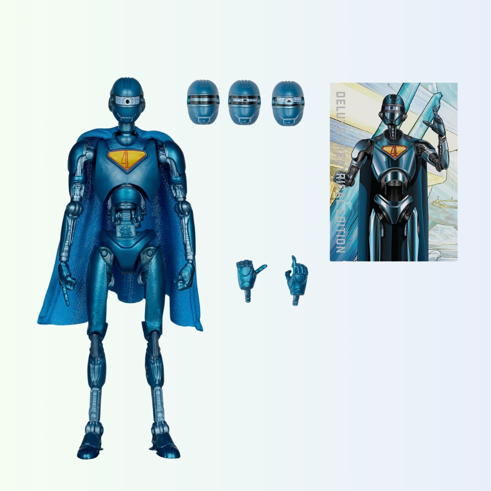 Accessories layout with Superman Robot action figure, three alternate heads, 2 extra hands, and collectible art card