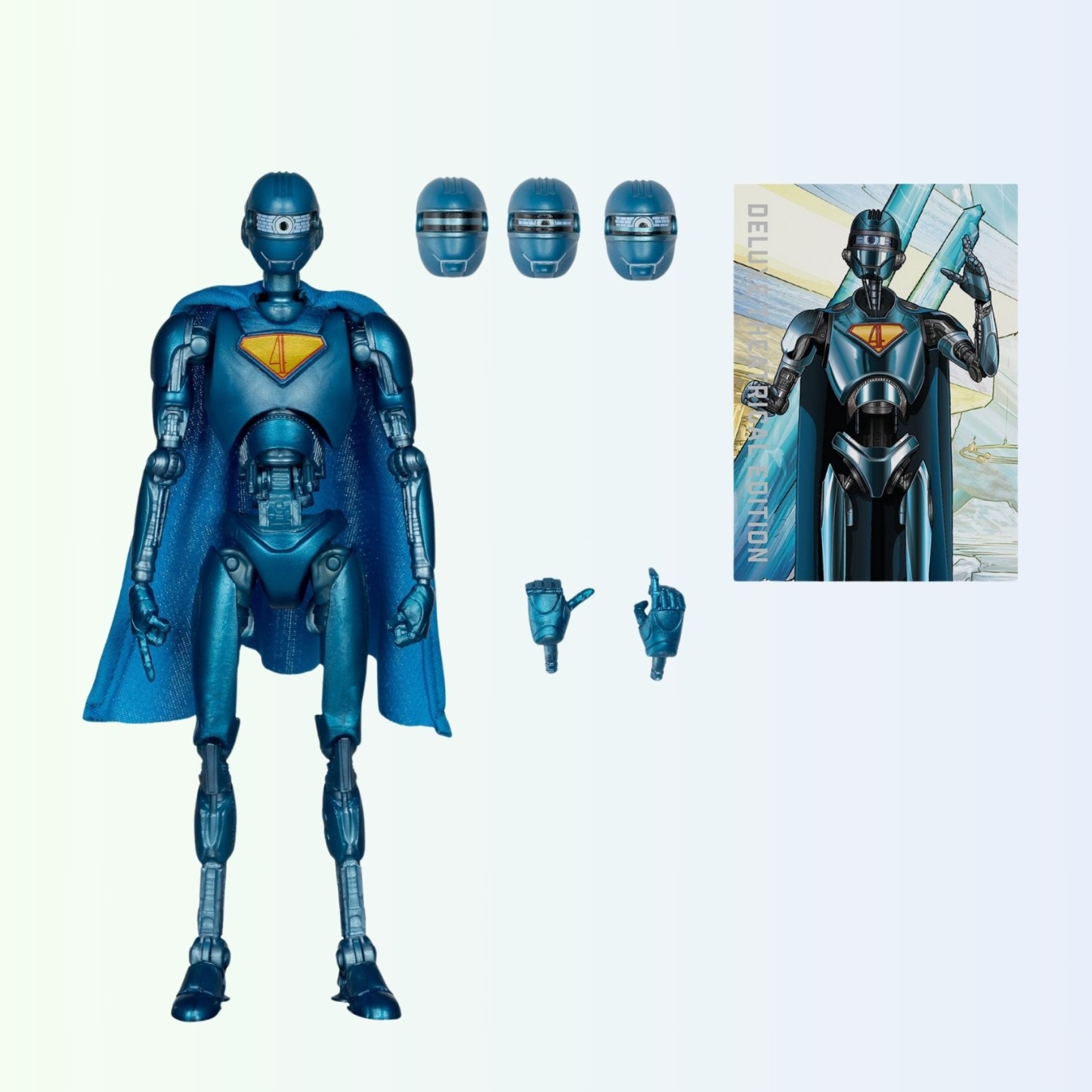 Accessories layout with Superman Robot action figure, three alternate heads, 2 extra hands, and collectible art card