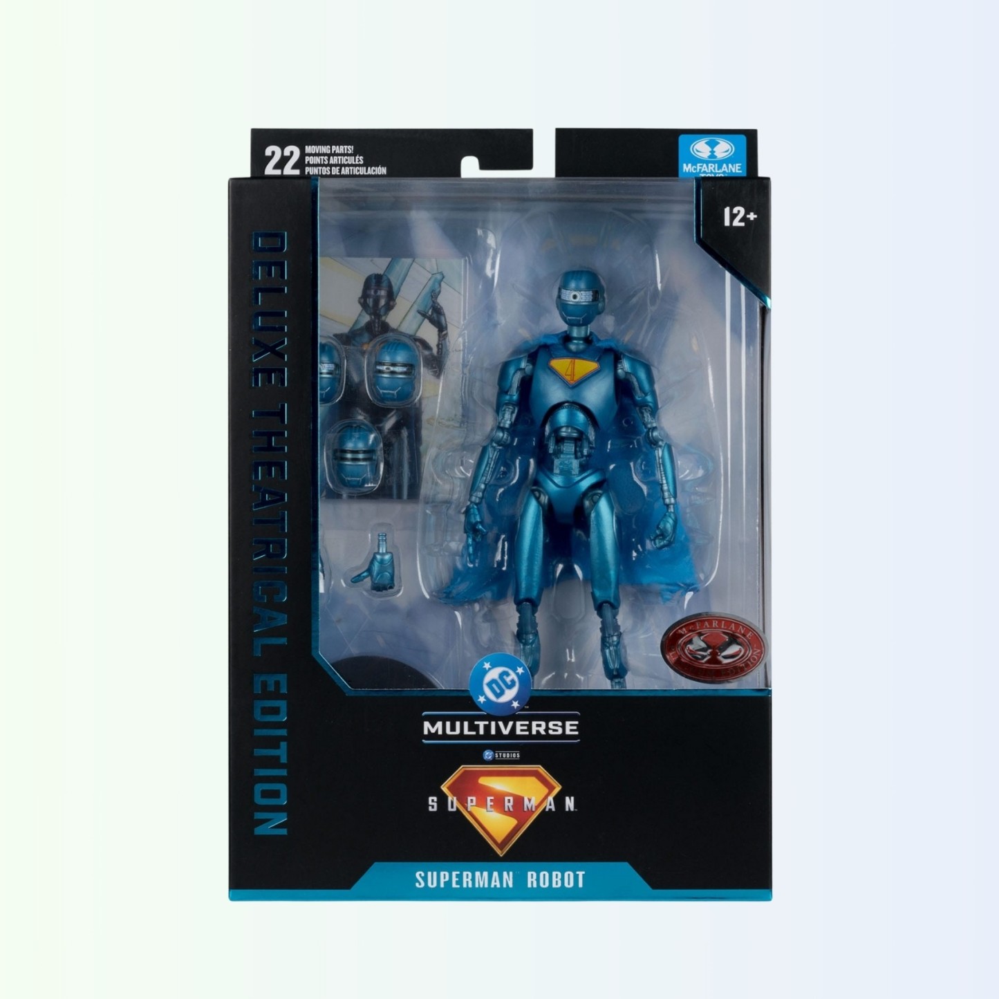 Front view of Superman Robot action figure inside box with deluxe edition branding
