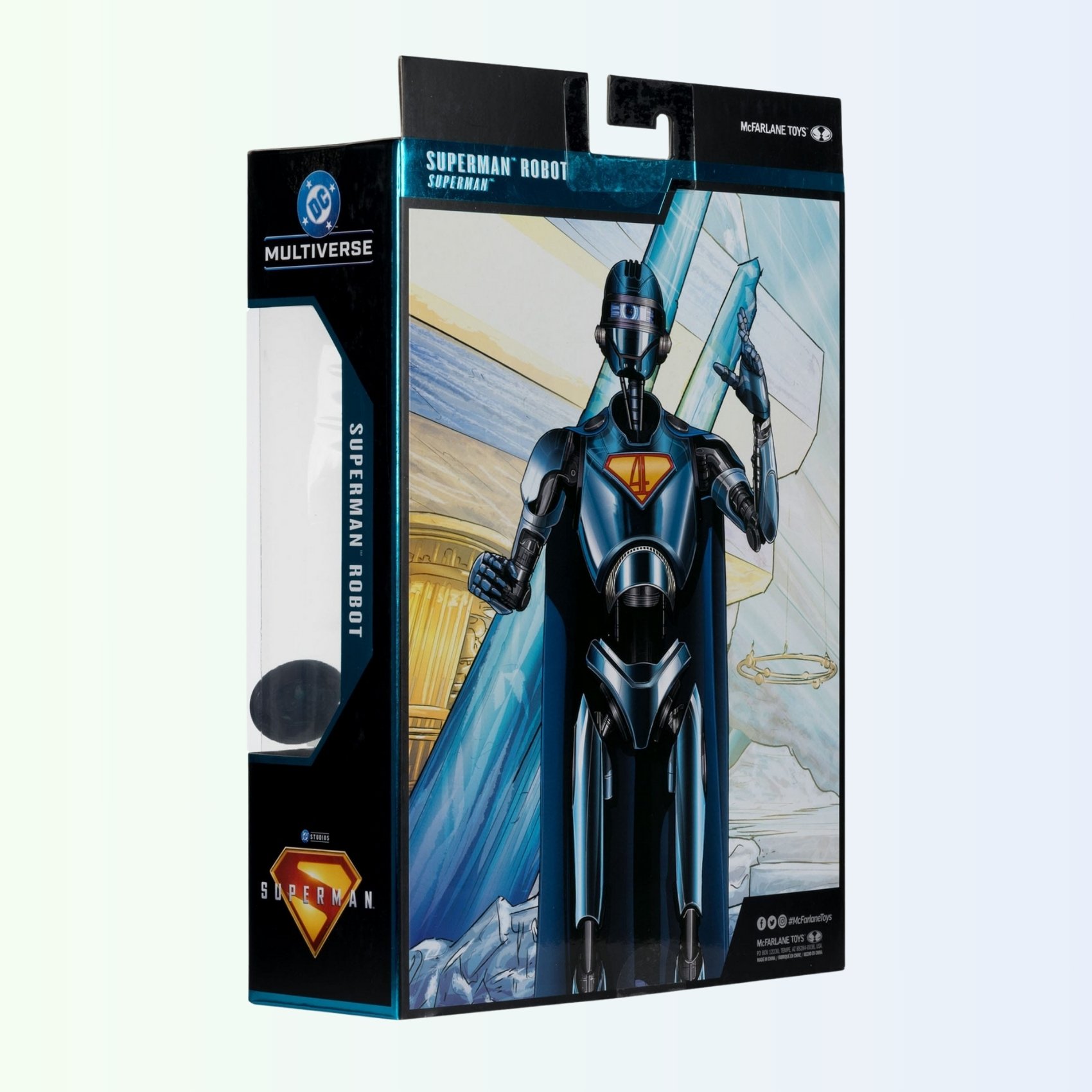 Rear packaging view of Superman Robot action figure showing illustrated character art and product details