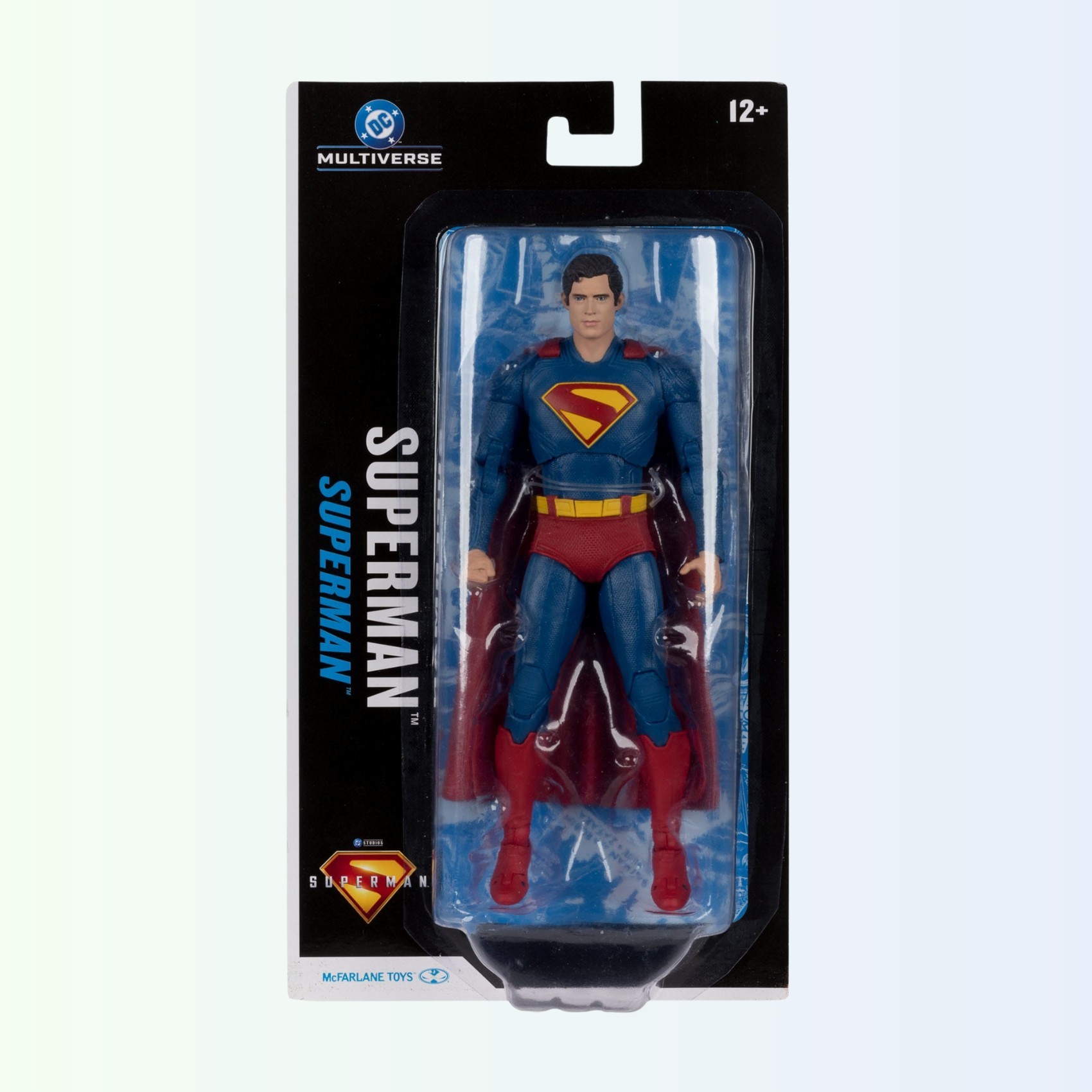 Front view of Superman action figure sealed in blister packaging