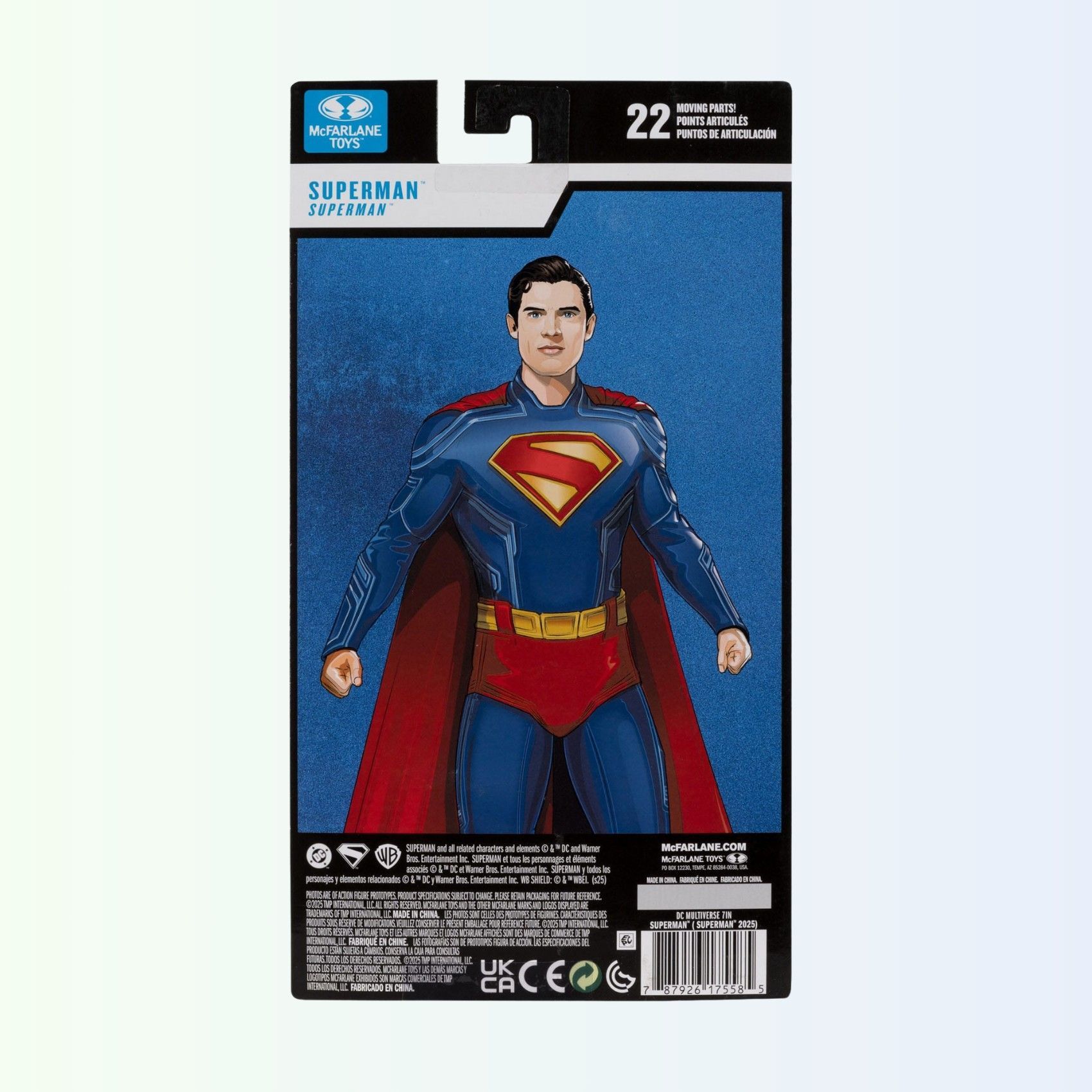Back of packaging showing illustrated Superman artwork and action figure details