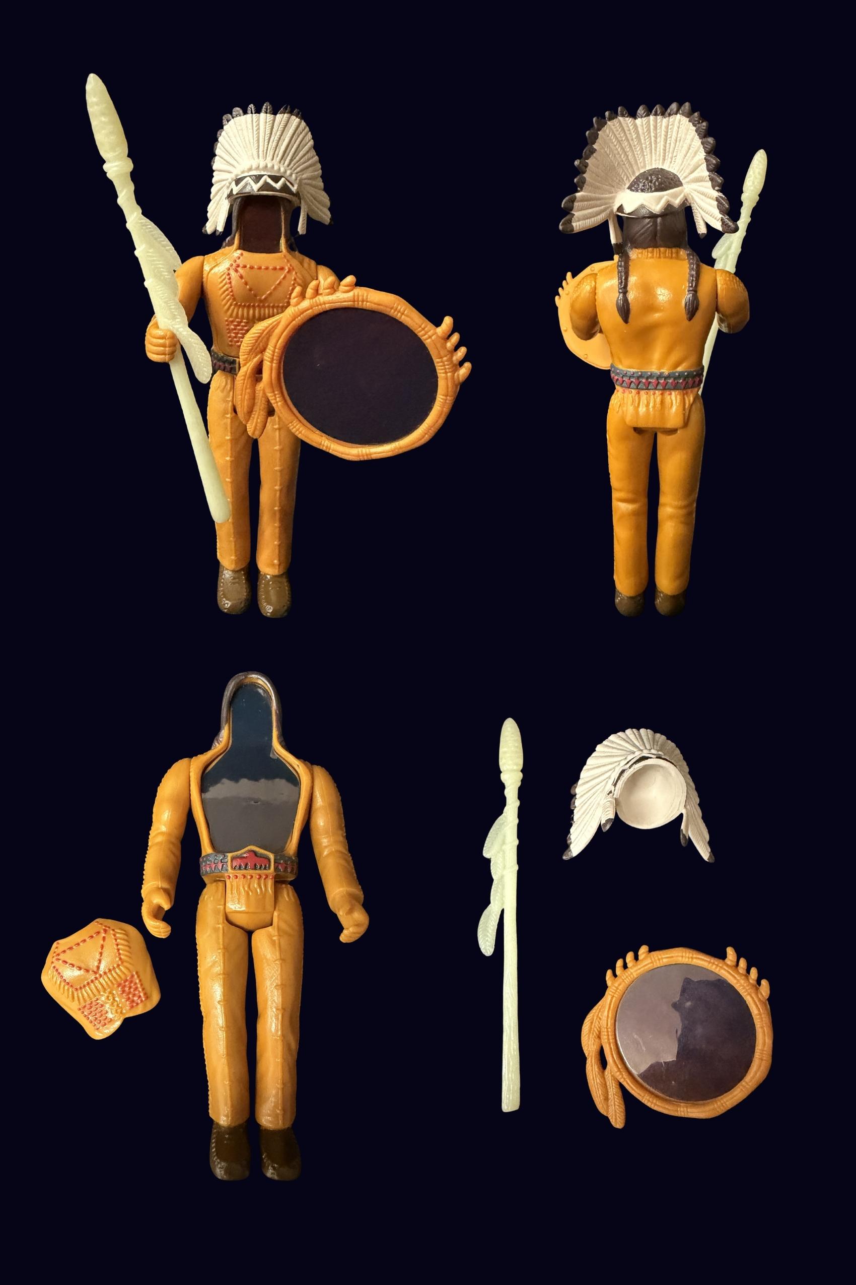 Eagle-Eye action figure with white feather headdress holding accessories front and back, plus a shot showing the holographic chest