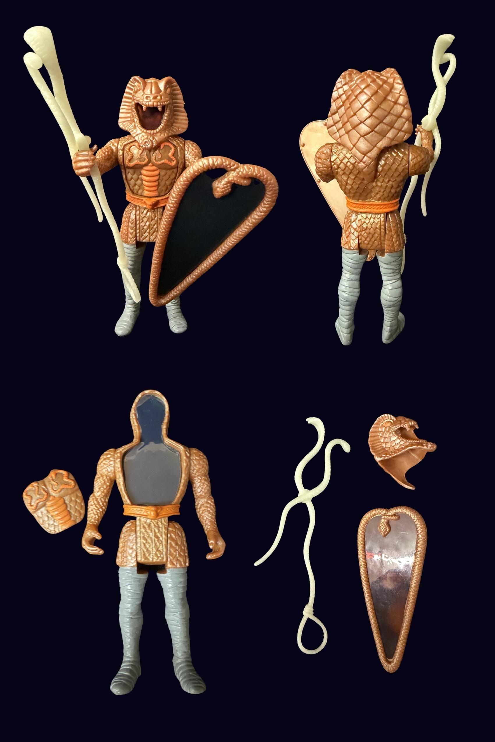 Snakebite action figure with scaled orange armor holding accessories front and back, plus a shot showing the holographic chest