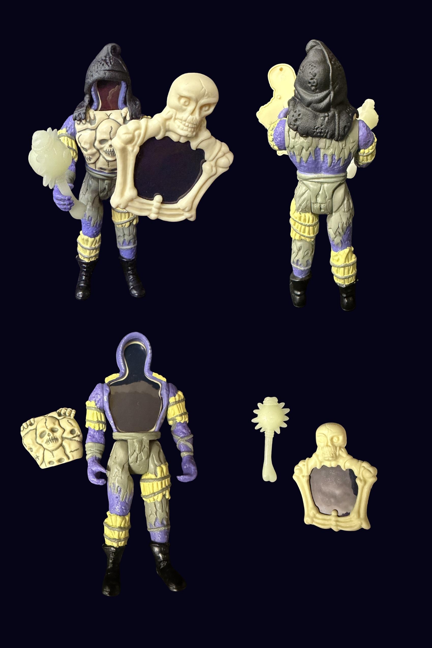 Skull action figure in grey purple and yellow armor holding accessories front and back, plus a shot showing the holographic chest