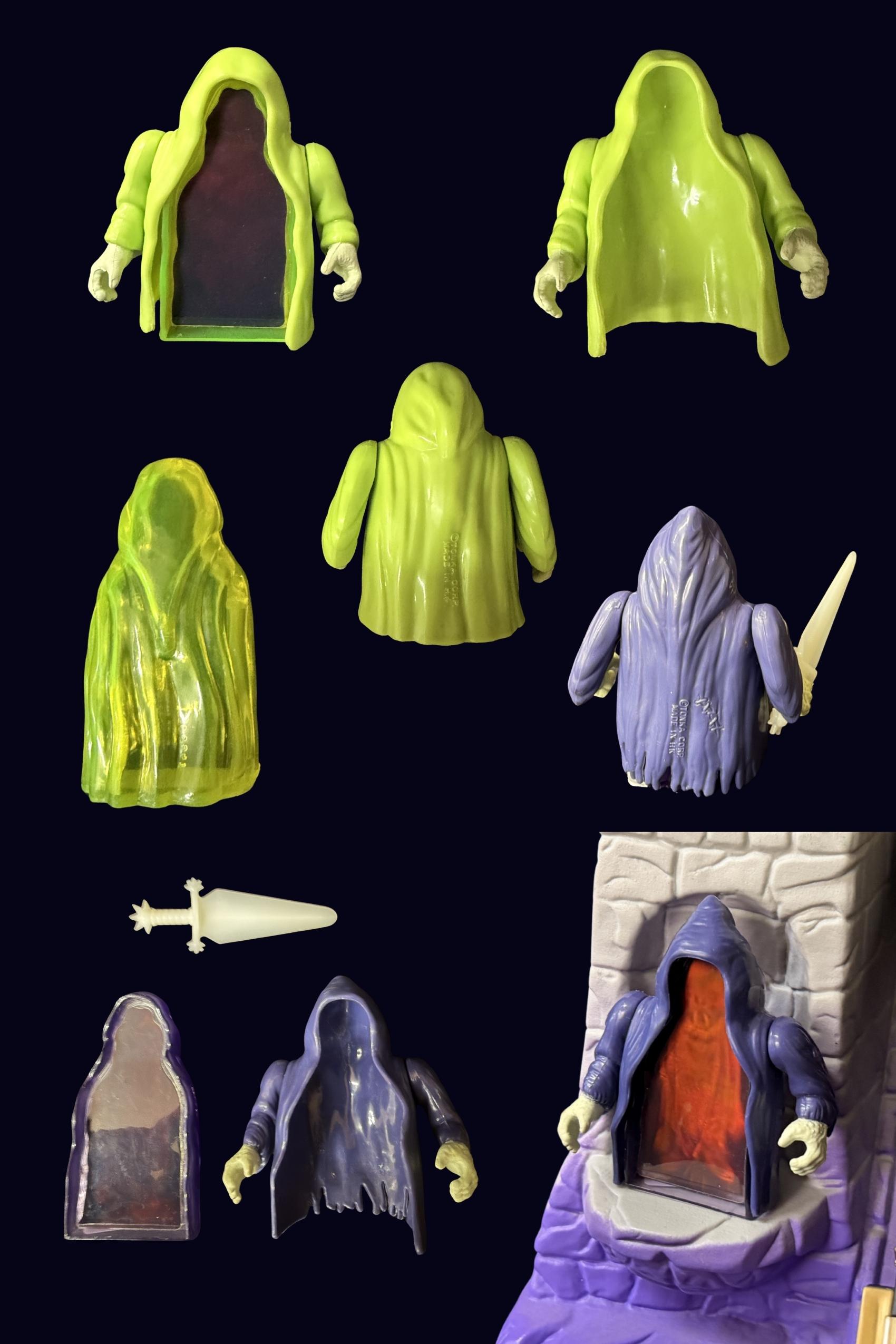 Collage of Ghostlings Spooks and See-Thru shown from multiple angles with hologram chest panels, clip-in hands, and one fitted into the playset alcove