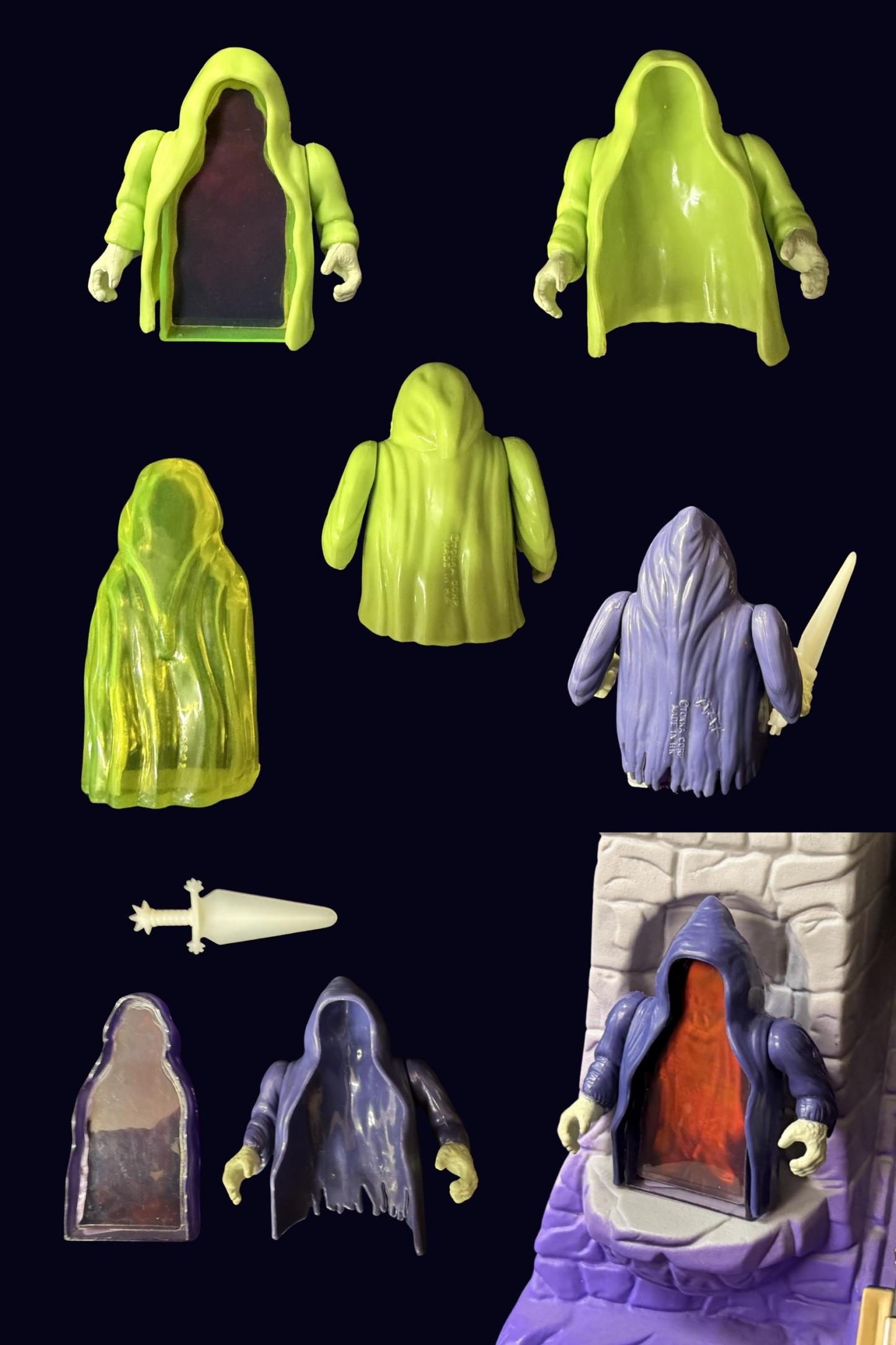 Collage of Ghostlings Spooks and See-Thru shown from multiple angles with hologram chest panels, clip-in hands, and one fitted into the playset alcove