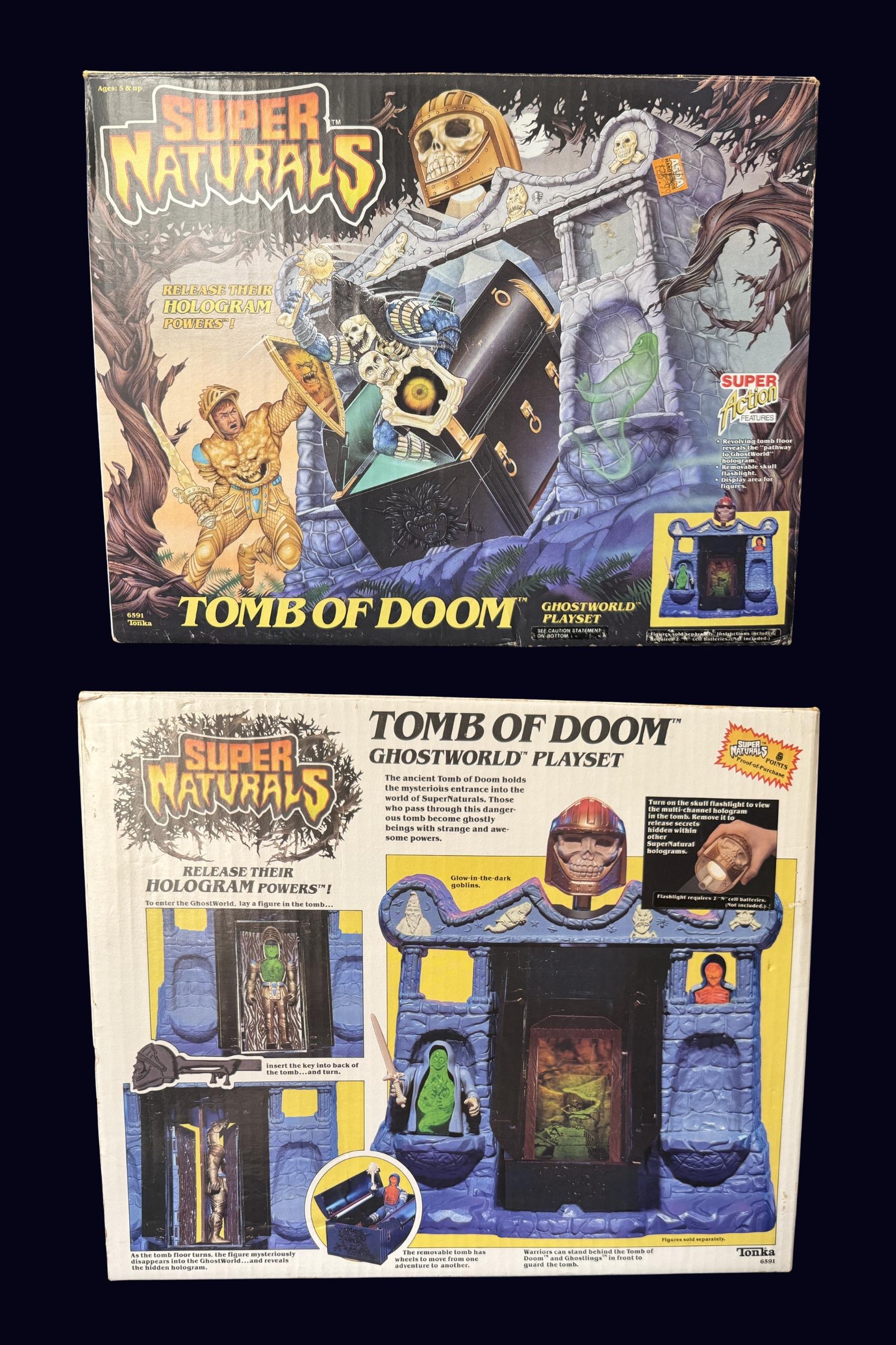 Front and back of the Tomb of Doom box showing product photos, feature callouts, and play instructions for the playset