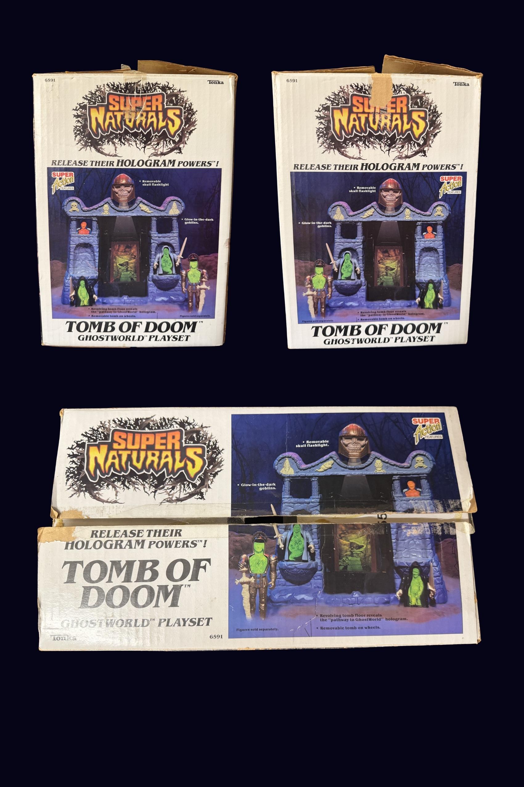 Side panel views of the Tomb of Doom playset box and a view of the box top
