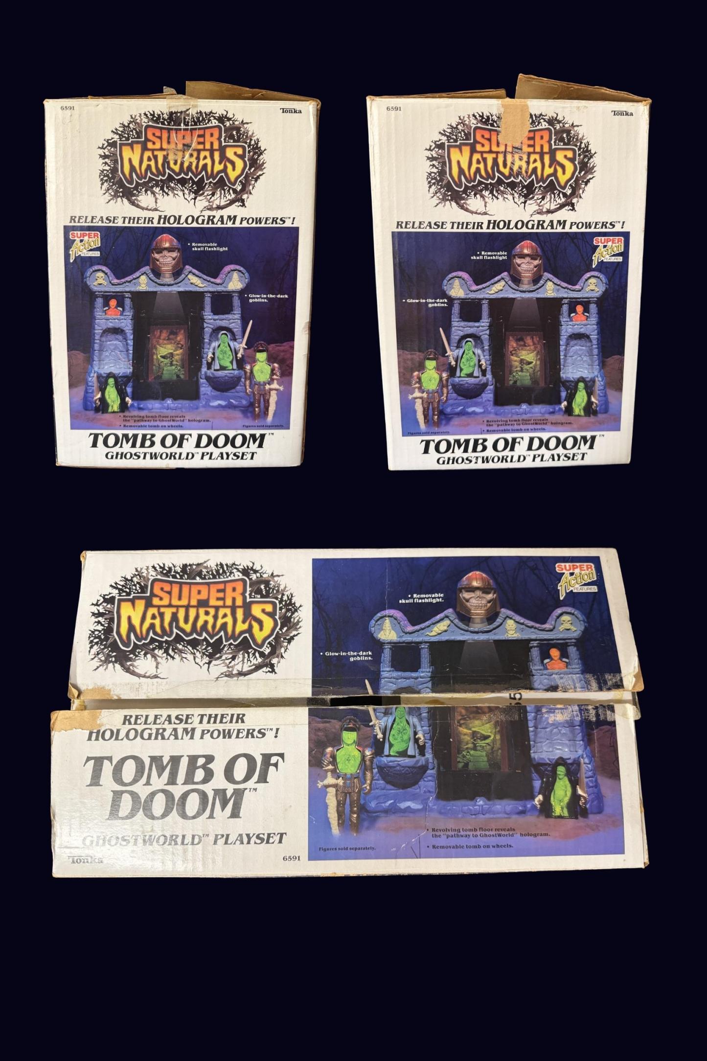 Side panel views of the Tomb of Doom playset box and a view of the box top