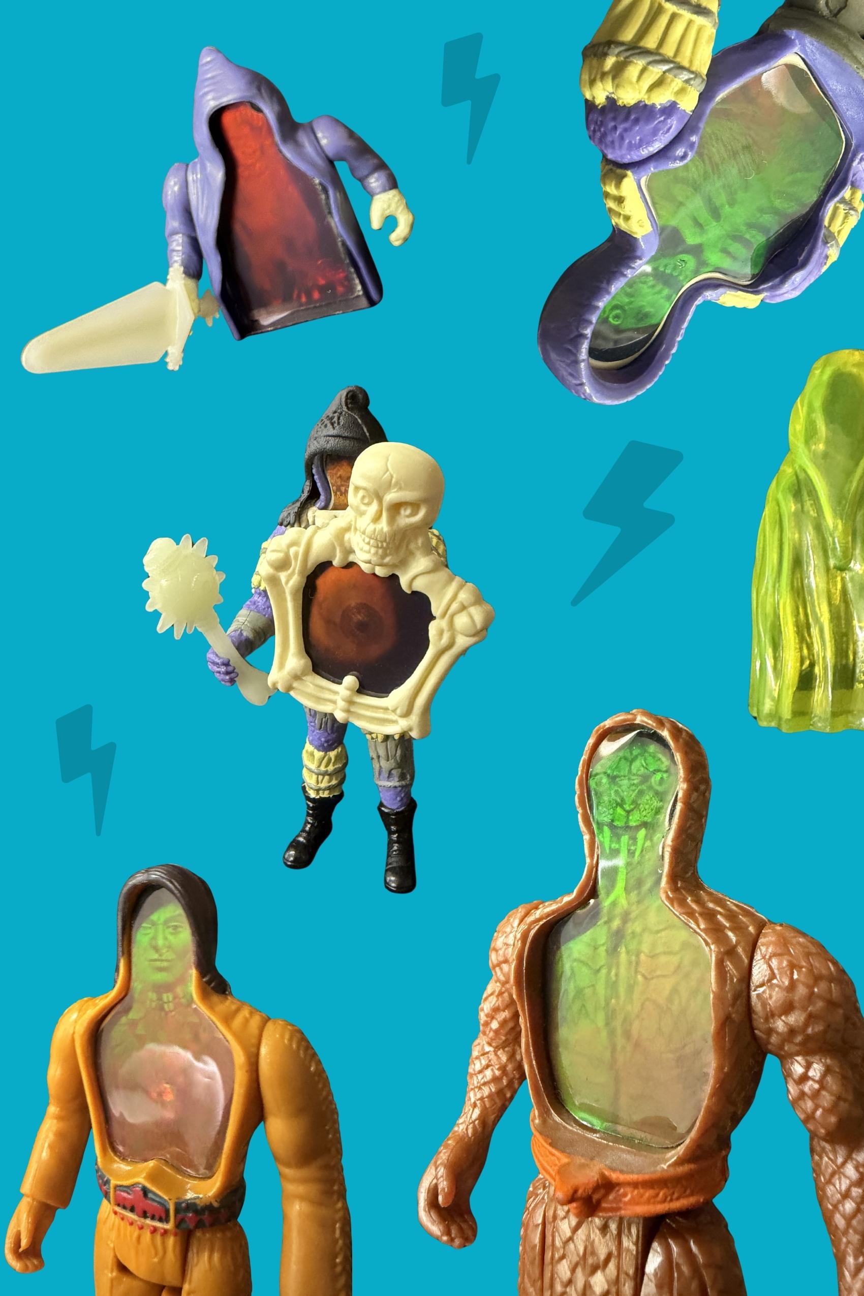 Close-up collage showing the holographic chest panels of Skull, Eagle-Eye and Snakebite, plus Skull holding a bone-framed mirror shield