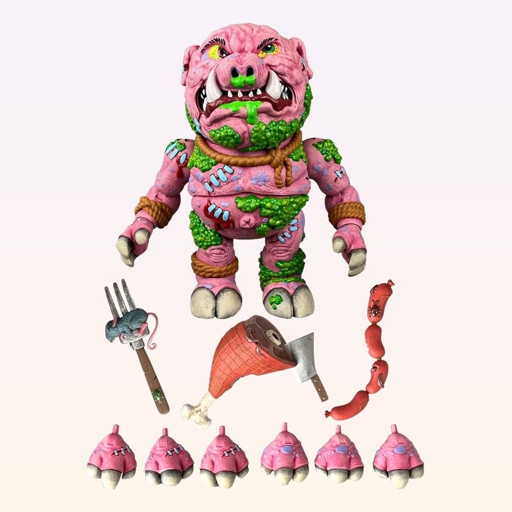 Front view of Swine Sucker Madballs action figure with slime-covered body and food-themed accessories