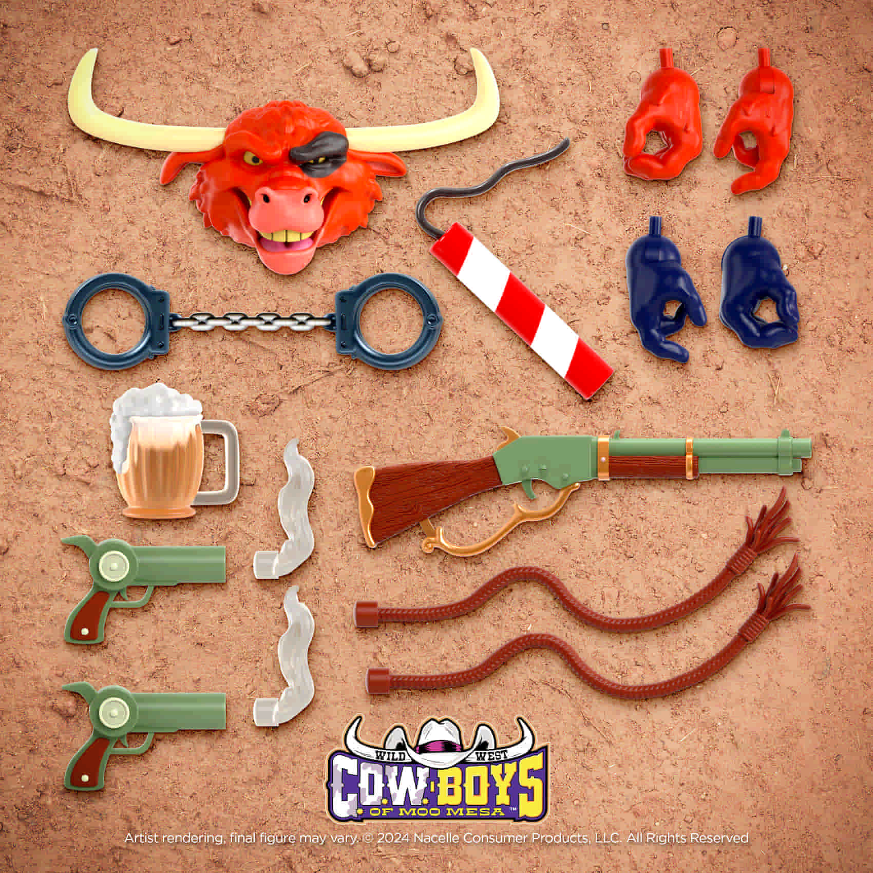 Accessories included with the Nacelle C.O.W.-Boys of Moo Mesa Wave 1 Sheriff Terrorbull action figure
