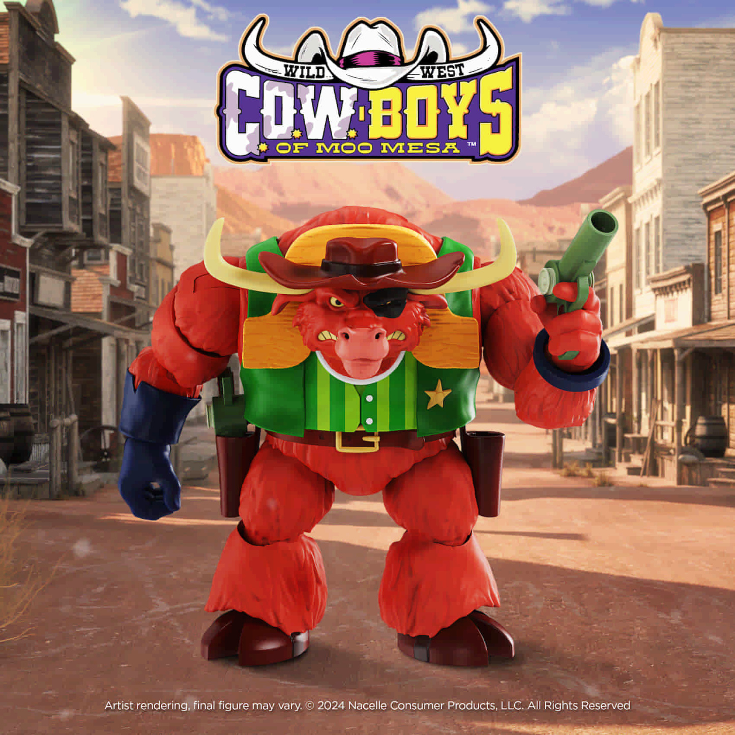 Nacelle C.O.W.-Boys of Moo Mesa Wave 1 Sheriff Terrorbull 7-inch action figure set against a wild west background