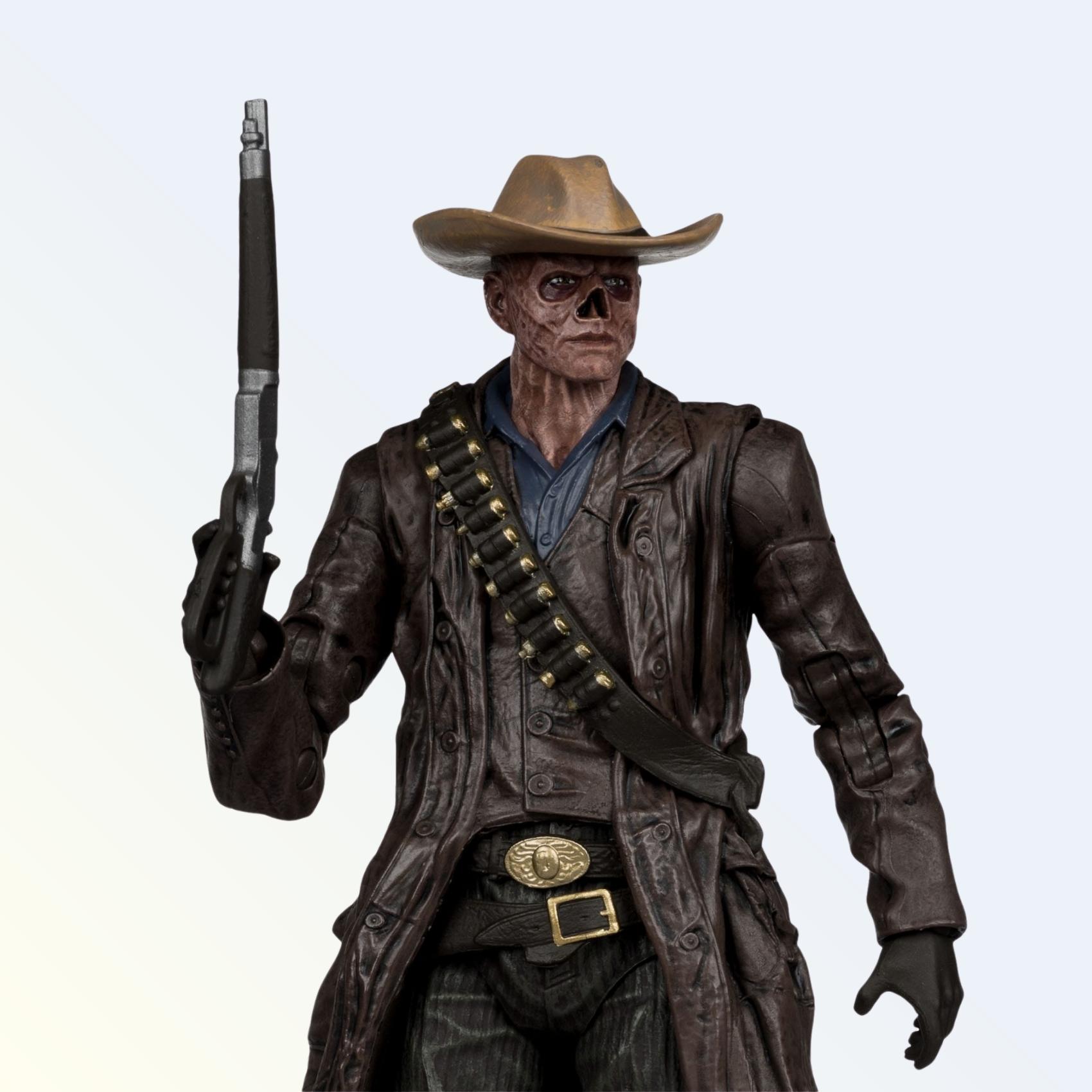 Close-up of The Ghoul action figure with cowboy hat, revolver raised and detailed wasteland coat