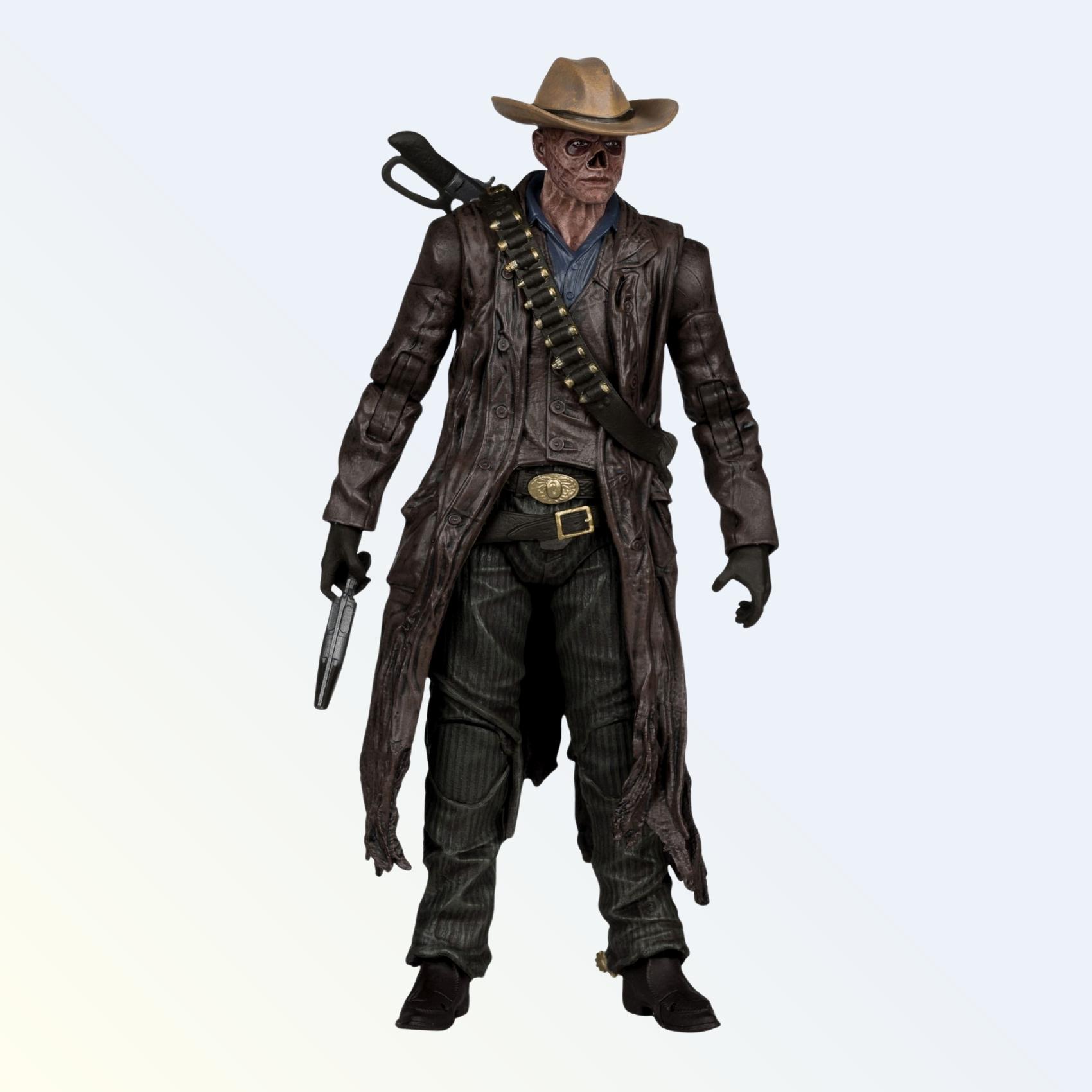 Three-quarter view of The Ghoul action figure with cowboy hat, bandolier and rifle