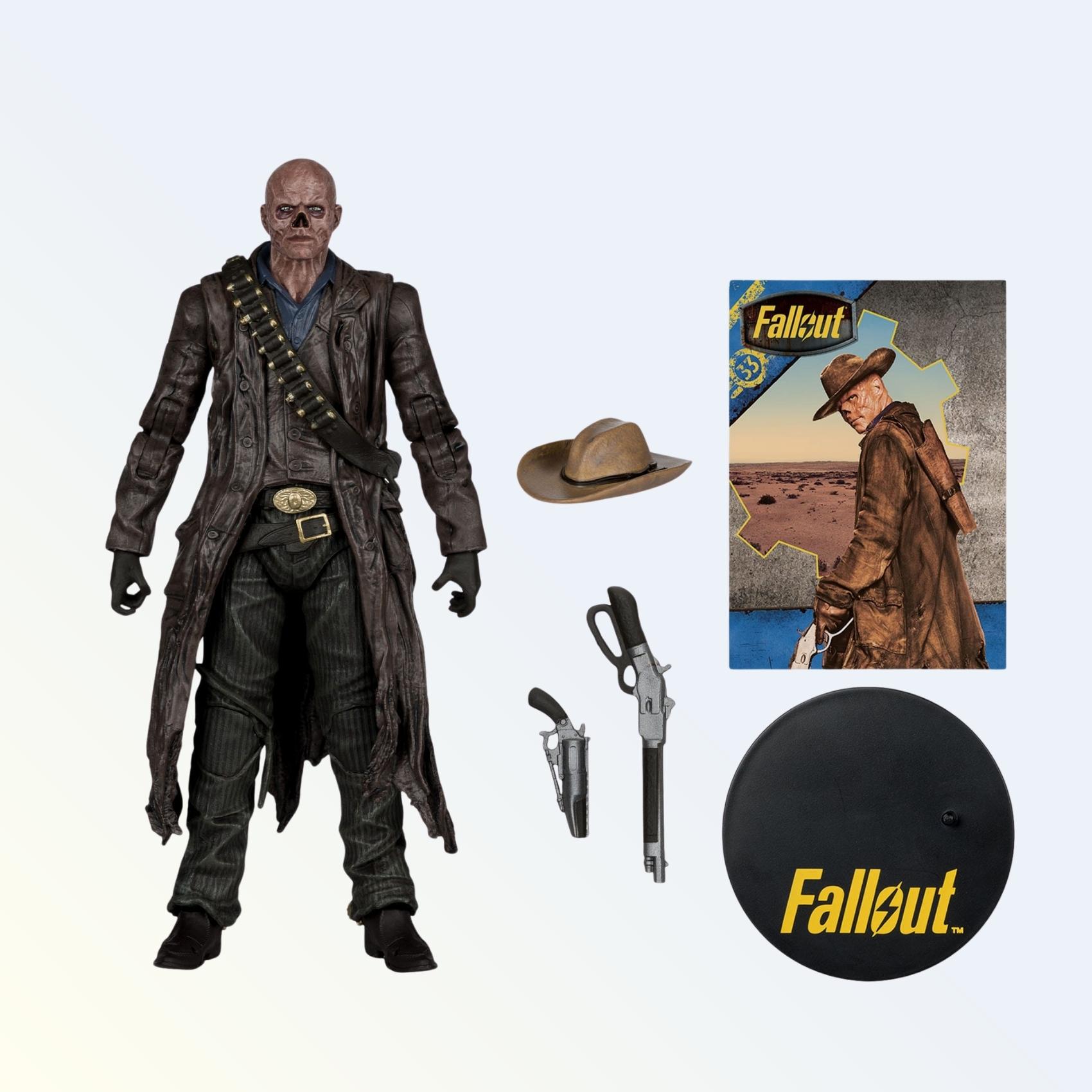 The Ghoul action figure with cowboy hat, rifle, revolver, display base and character art card laid out