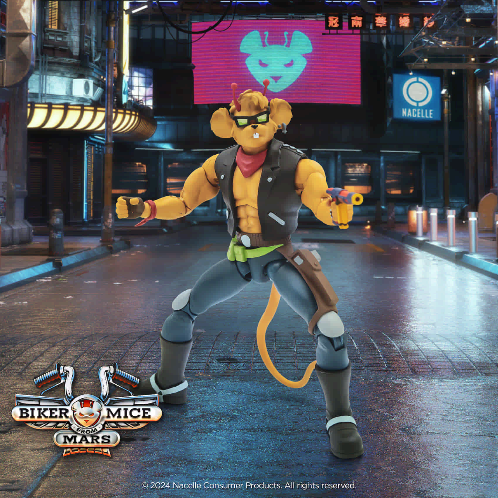 Nacelle Biker Mice From Mars Wave 1 Throttle 7-inch action figure set against a nighttime city background