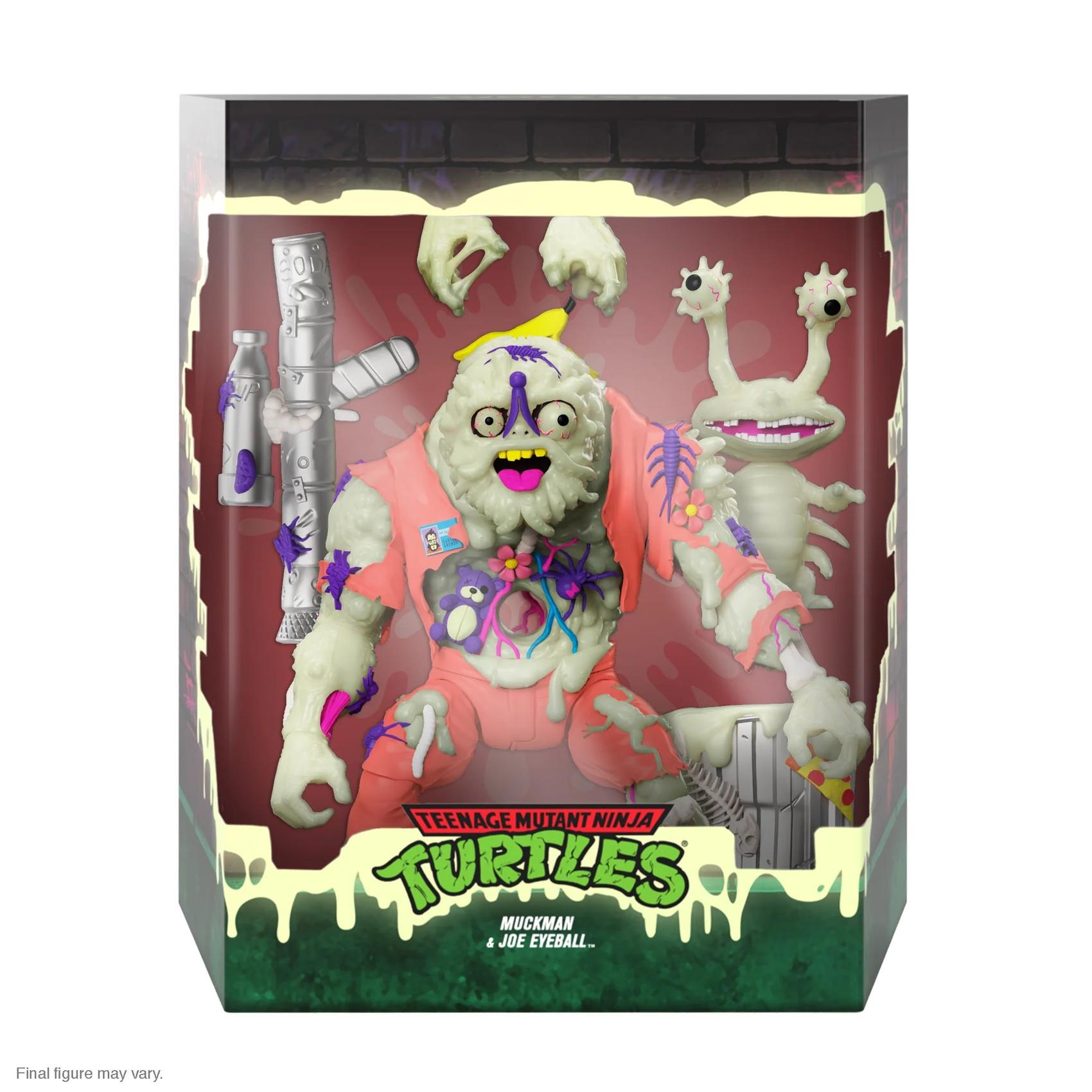 Front box view of glow-in-the-dark Muckman and Joe Eyeball action figure, accessories visible inside