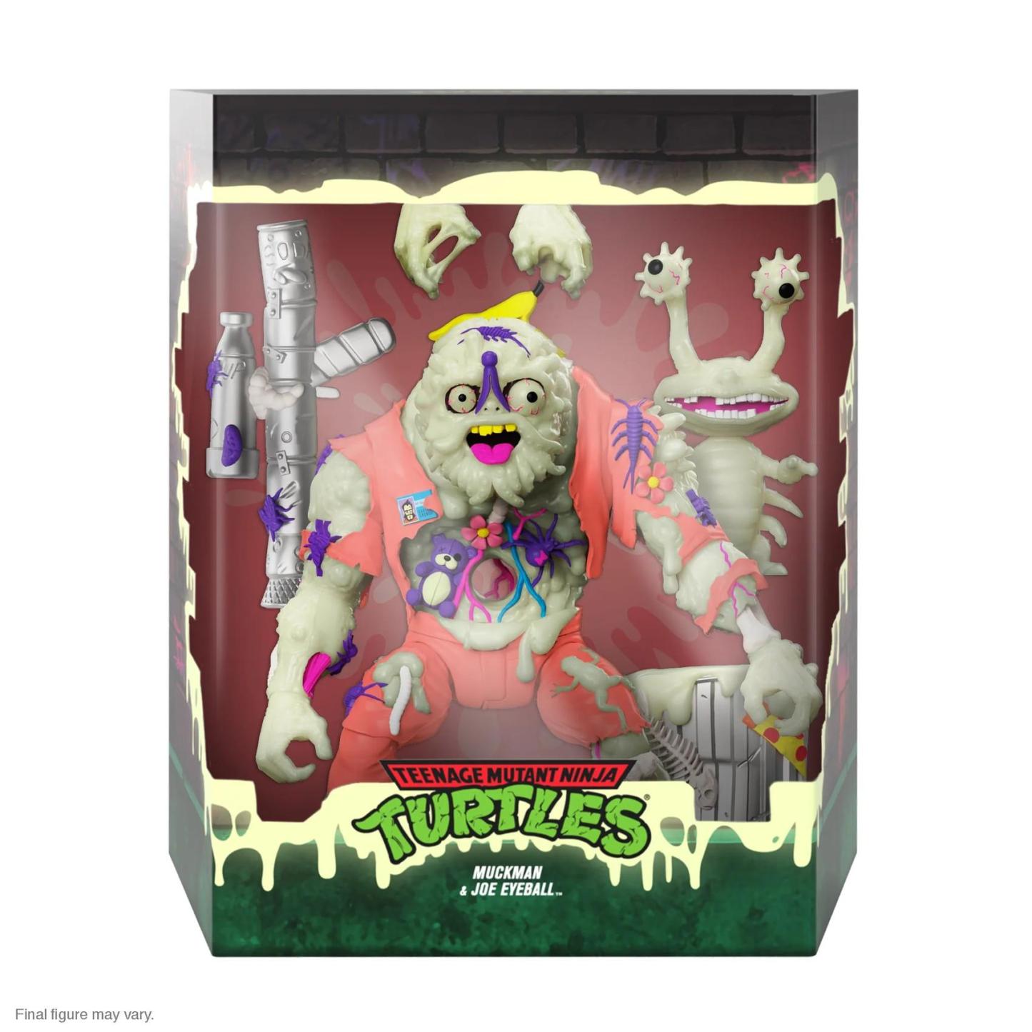 Front box view of glow-in-the-dark Muckman and Joe Eyeball action figure, accessories visible inside