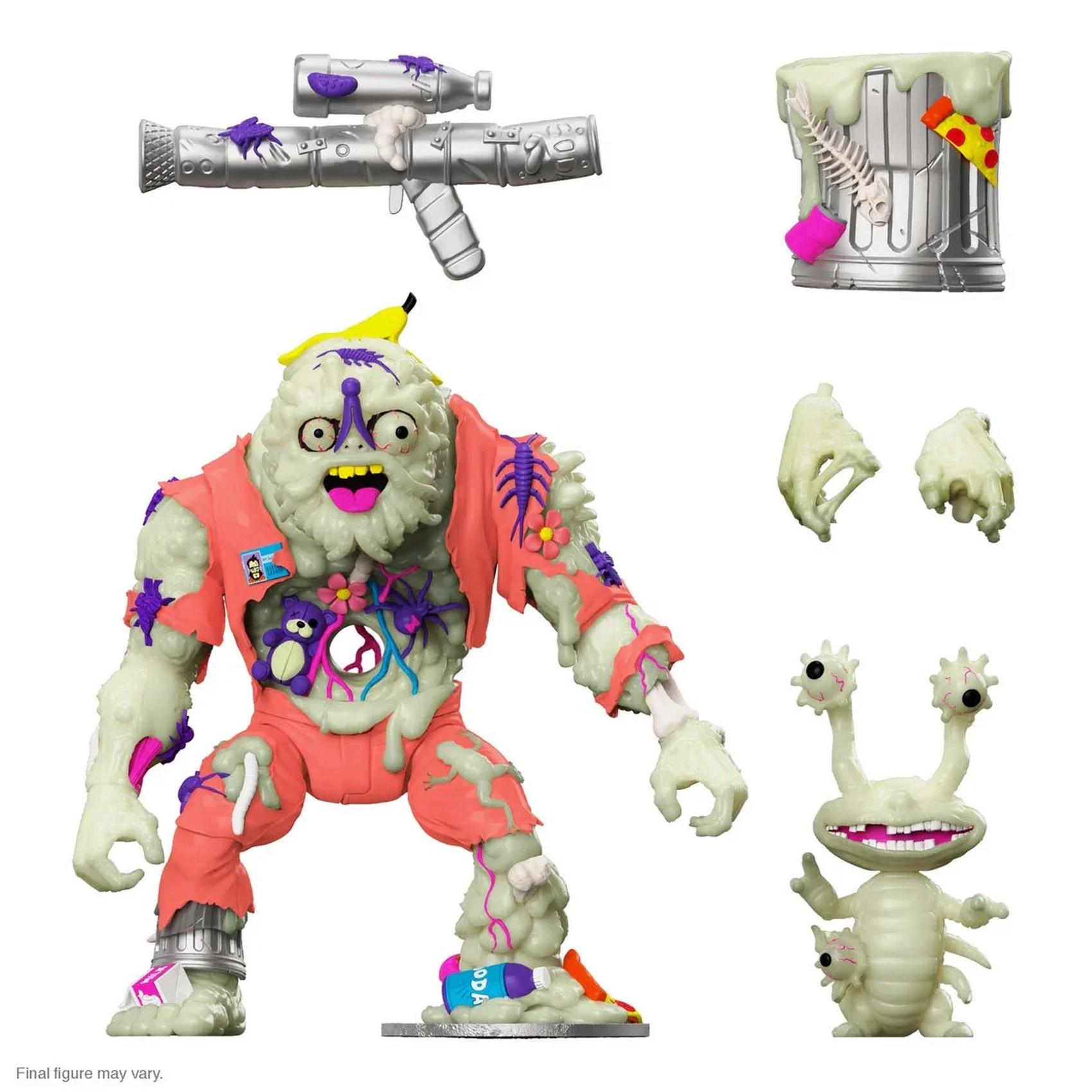 Muckman action figure with Joe Eyeball, muck gun, trashcan backpack, and extra hands displayed on white background