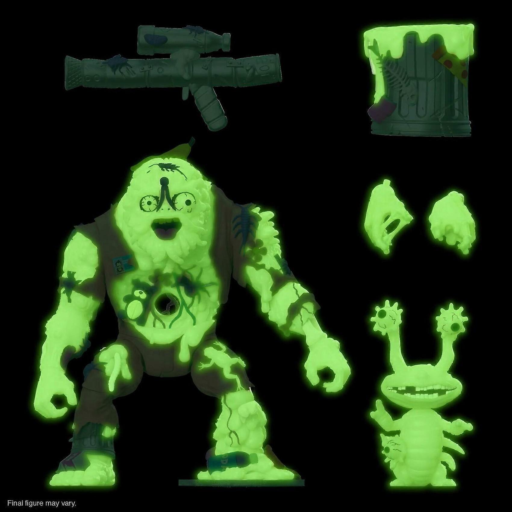 Glow-in-the-dark Muckman action figure with Joe Eyeball, muck gun, trashcan backpack, and extra hands on black background