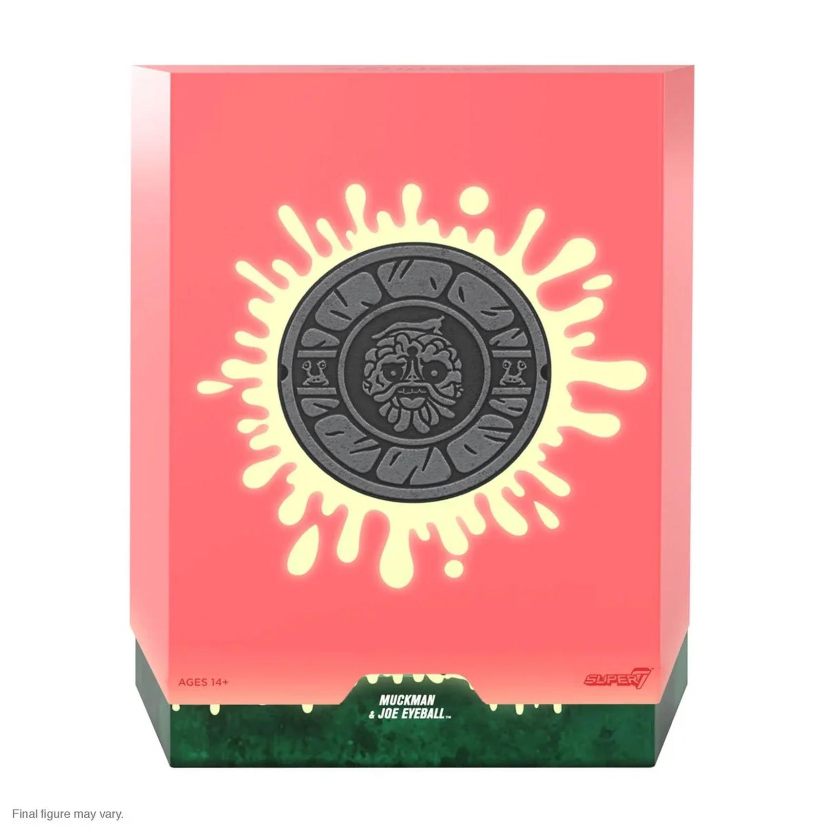 Front slipcase of Muckman and Joe Eyeball action figure packaging with bright coral background and sewer lid graphic