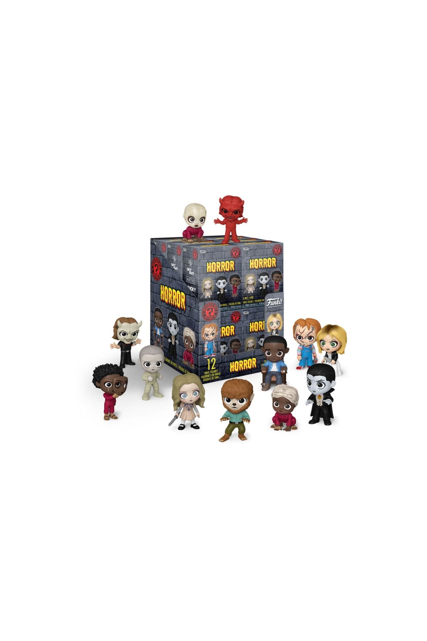 Front view shot of Funko Mystery Minis Universal Horror vinyl figures displayed around sealed blind boxes
