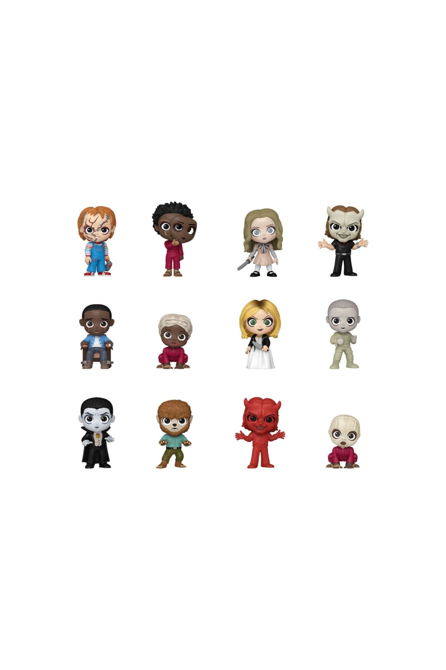 Assorted Funko Mystery Minis Universal Horror vinyl figures laid out on white background