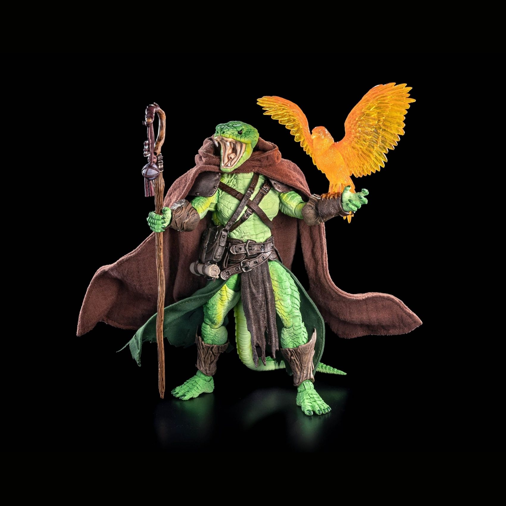 Front view of Vernaliss Ardenscale action figure with open mouth and orange bird on arm