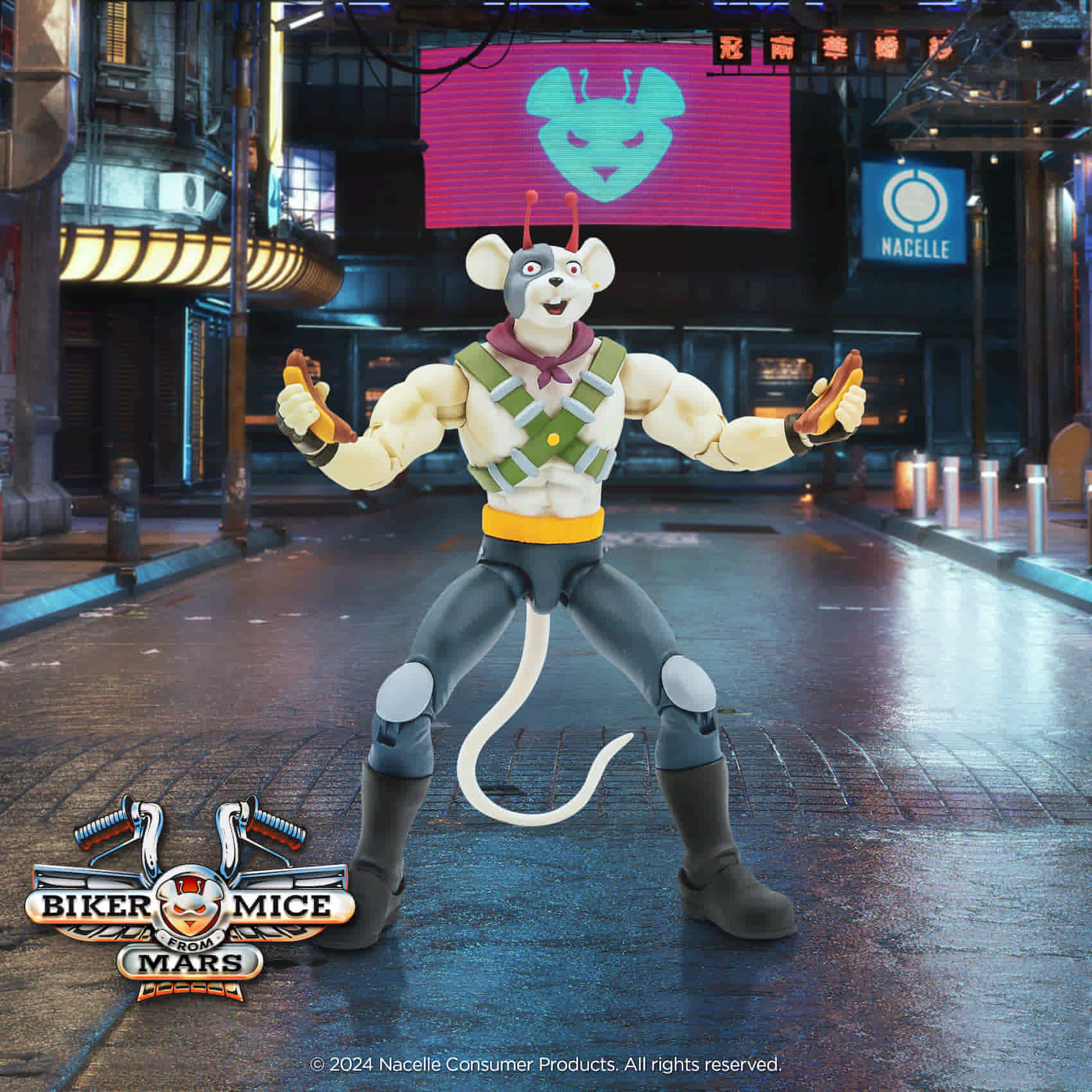 Nacelle Biker Mice From Mars Wave 1 Vinnie 7-inch action figure set against a nighttime city background