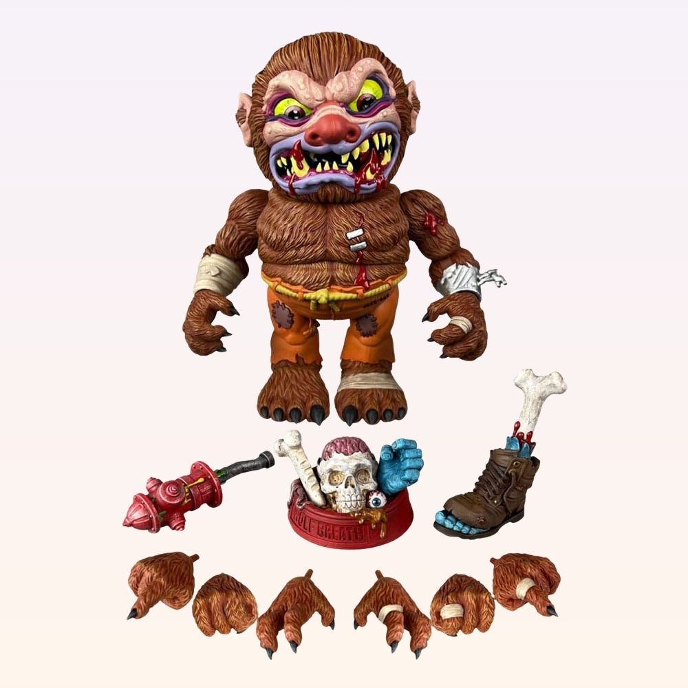Front shot of Wolf Breath Madballs action figure with accessories including bone club, hydrant blaster, brain bowl and alternate hands