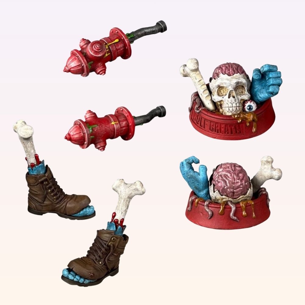 Wolf Breath Madballs action figure accessories including hydrant blaster, brain bowl, bone boot and detached arms